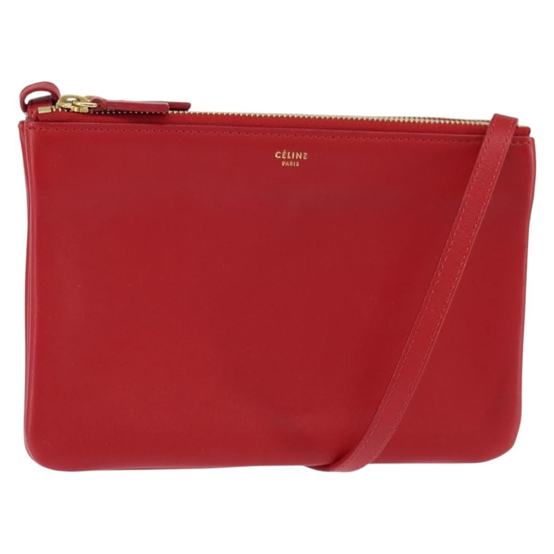 CELINE Trio Small Leather Shoulder Bag Red Gold Made in Italy: CELINE Trio Small Leather Shoulder Bag Red Gold Made in Italy Introducing the CELINE Trio Small Shoulder Bag, a stylish accessory crafted from premium leather in a striking red and gold color combinat