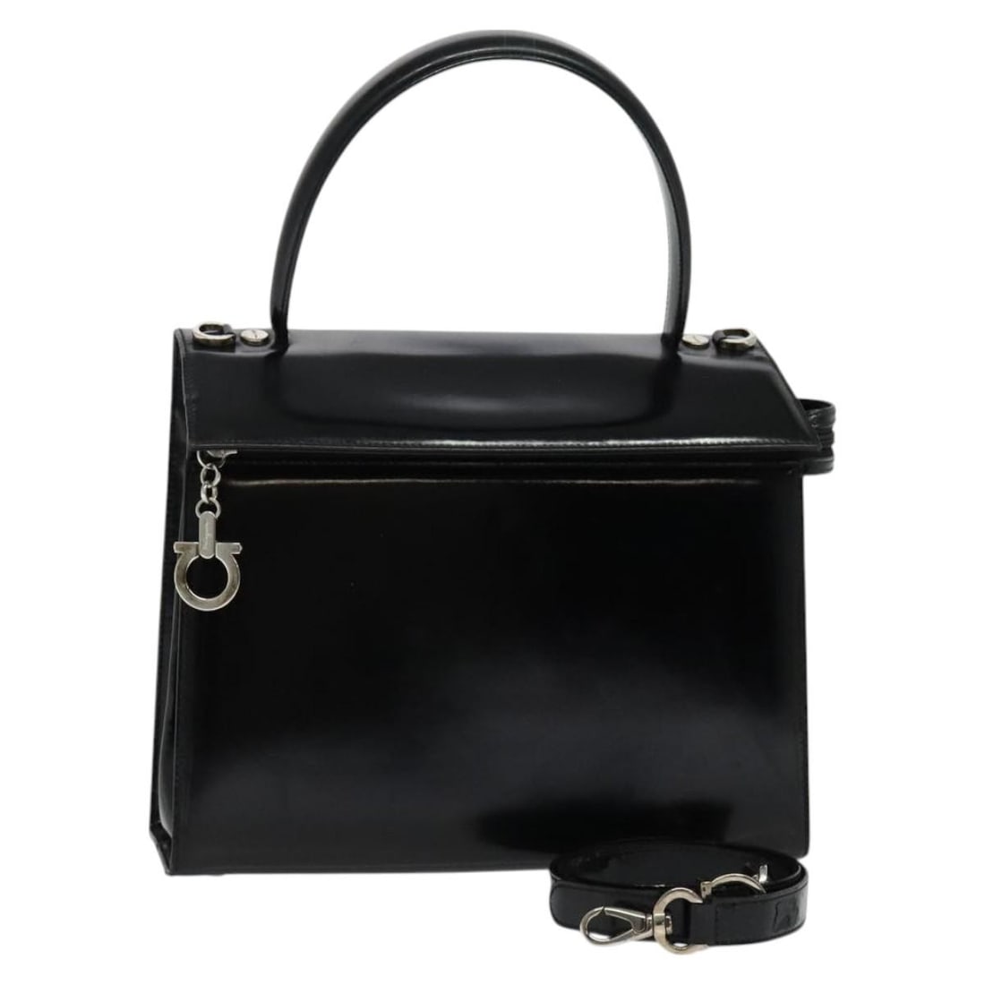 Salvatore Ferragamo Black Silver Patent Leather Hand Bag 2-Way Authentic: Salvatore Ferragamo Black Silver Patent Leather Hand Bag 2-Way Authentic This elegant Salvatore Ferragamo hand bag combines sophisticated style with practical functionality. Crafted from premium paten