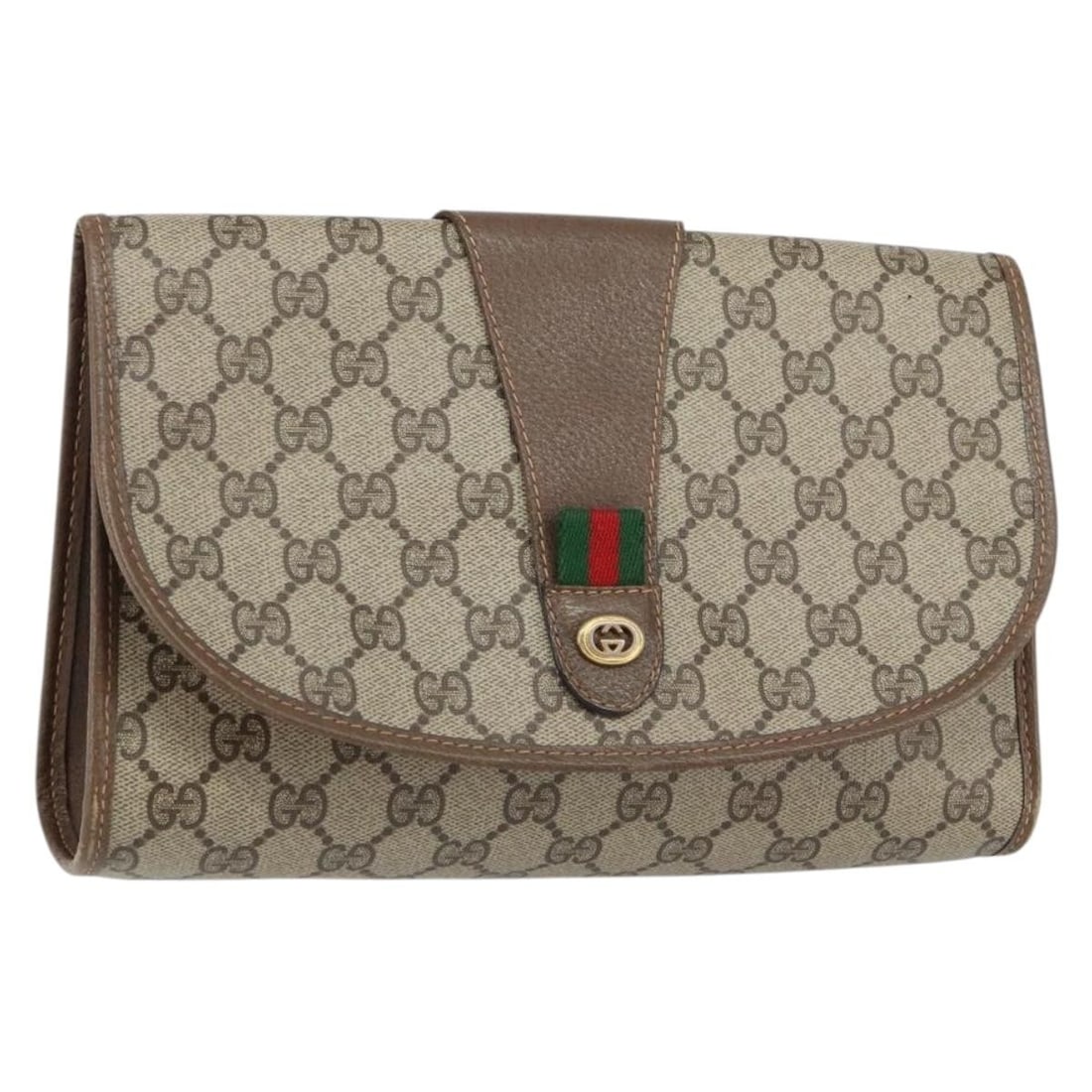 Gucci GG Supreme Beige PVC Clutch from Sherry Web Line 156 01 030: Gucci GG Supreme Beige PVC Clutch from Sherry Web Line 156 01 030 This GUCCI GG Supreme Web Sherry Line clutch bag is crafted in Italy from beige PVC leather and GG canvas with gold-tone accents. The