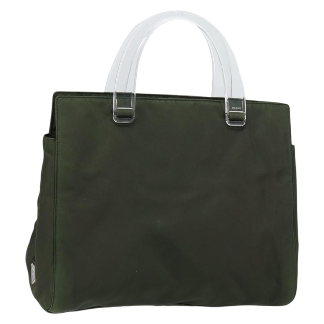 Prada Khaki Nylon Handbag with Silver Accents from Italy: Prada Khaki Nylon Handbag with Silver Accents from Italy This PRADA handbag features a khaki nylon exterior with silver-tone accents. Made in Italy, it offers practical dimensions with a handle drop o