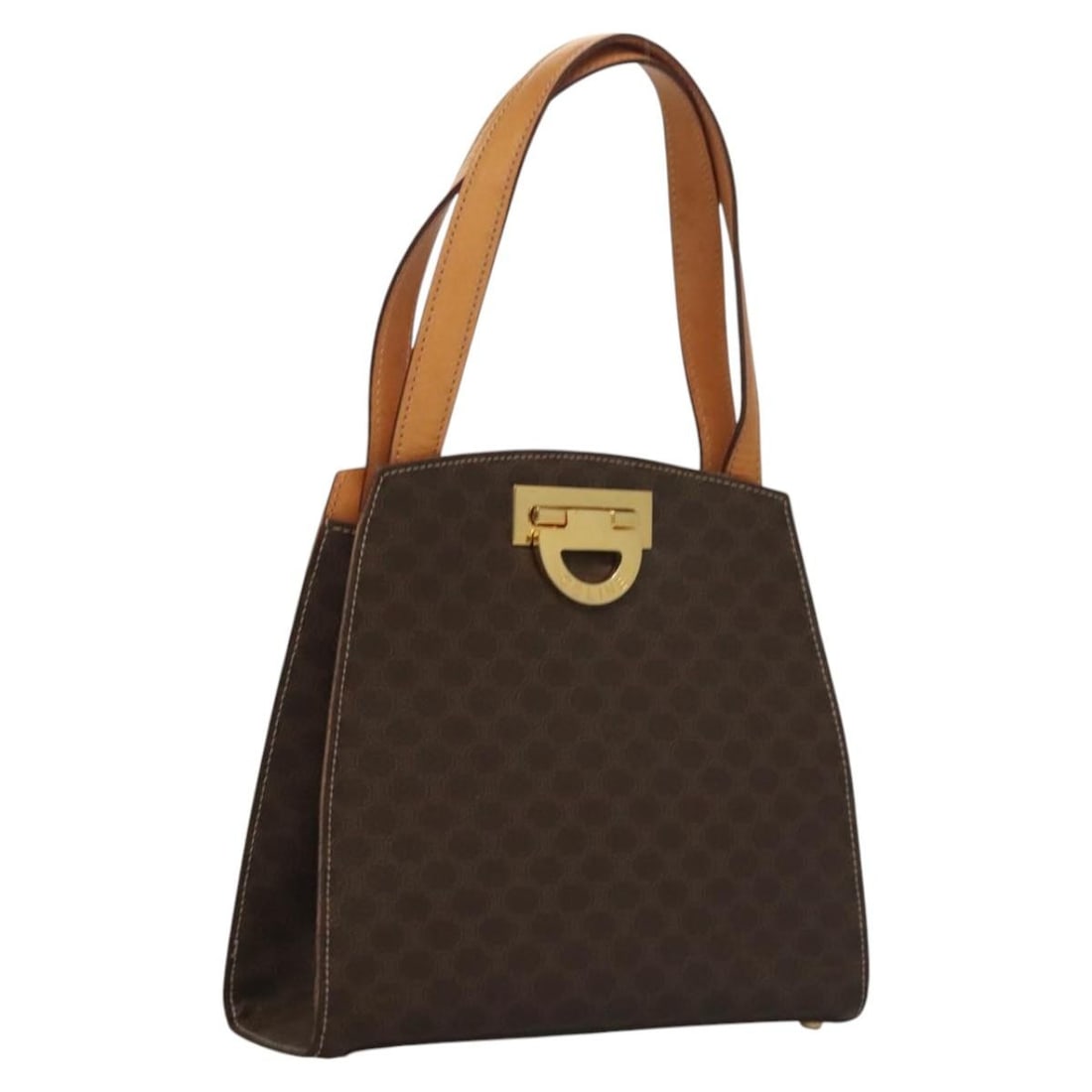 CELINE Brown Gold PVC Leather Hand Bag Auth 119974 Made in Italy: CELINE Brown Gold PVC Leather Hand Bag Auth 119974 Made in Italy This CELINE Macadam Canvas Hand Bag is a stylish accessory crafted from durable PVC leather in a sophisticated brown and gold color sch