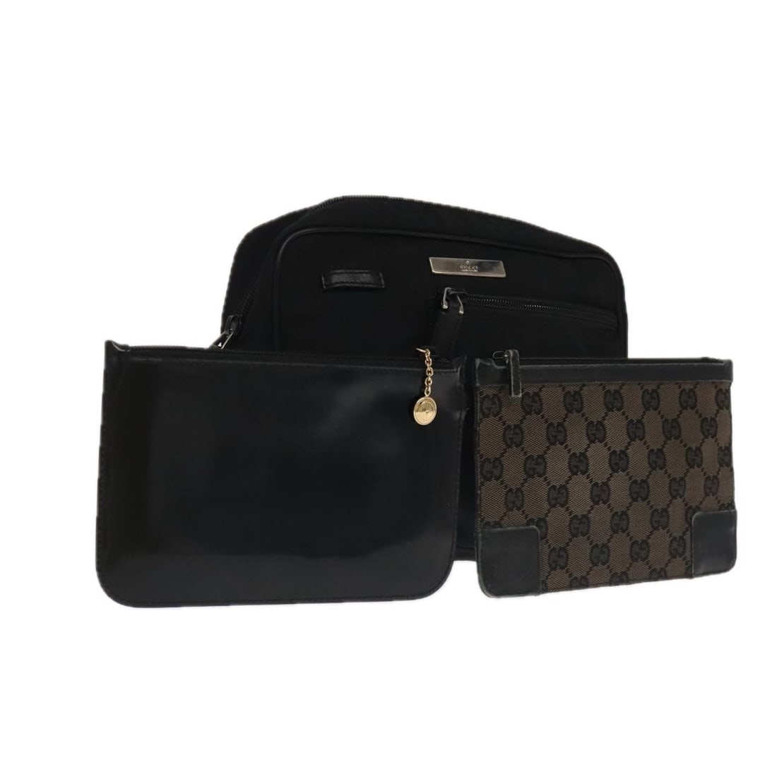 GUCCI Black Leather GG Canvas Clutch Bag Authentic 3 Piece Set: GUCCI Black Leather GG Canvas Clutch Bag Authentic 3 Piece Set This authentic GUCCI GG Canvas Clutch Bag is a stylish accessory perfect for any occasion. Crafted from premium leather and GG canvas, th