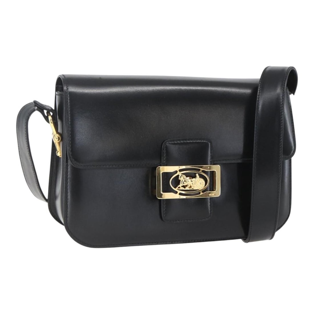 CELINE Black Gold Leather Horse Carriage Shoulder Bag Auth ka895 (1 of 18)