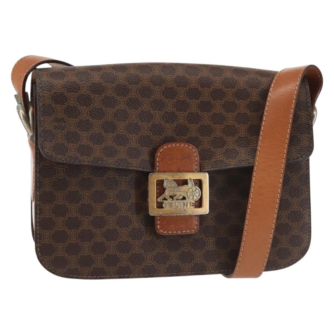 CELINE Brown Gold PVC Leather Macadam Shoulder Bag Italy: CELINE Brown Gold PVC Leather Macadam Shoulder Bag Italy This authentic CELINE Macadam Canvas Shoulder Bag combines elegance and practicality. Crafted from durable PVC leather, it features a stylish b