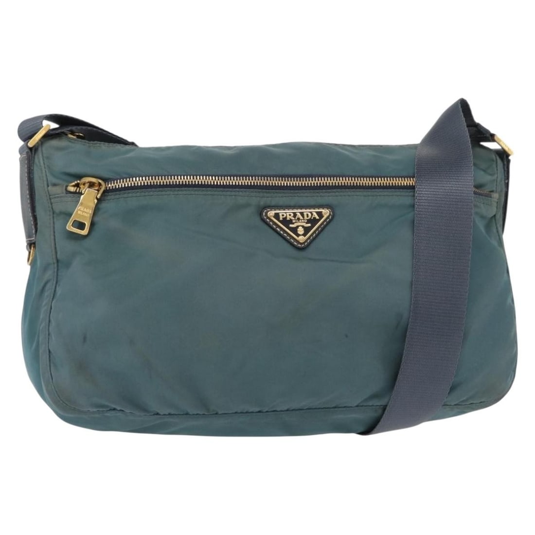 PRADA Green Gold Nylon Shoulder Bag Auth 156245 Italy: PRADA Green Gold Nylon Shoulder Bag Auth 156245 Italy This PRADA shoulder bag combines style and functionality with its durable nylon exterior in a striking green and gold color. Measuring approximate