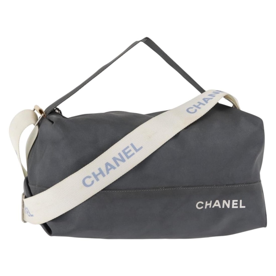 CHANEL Gray Silver Nylon Sports Shoulder Bag with Adjustable Strap: CHANEL Gray Silver Nylon Sports Shoulder Bag with Adjustable Strap This authentic CHANEL Sports Shoulder Bag is crafted from durable nylon in a sleek gray and silver color combination. Measuring appro