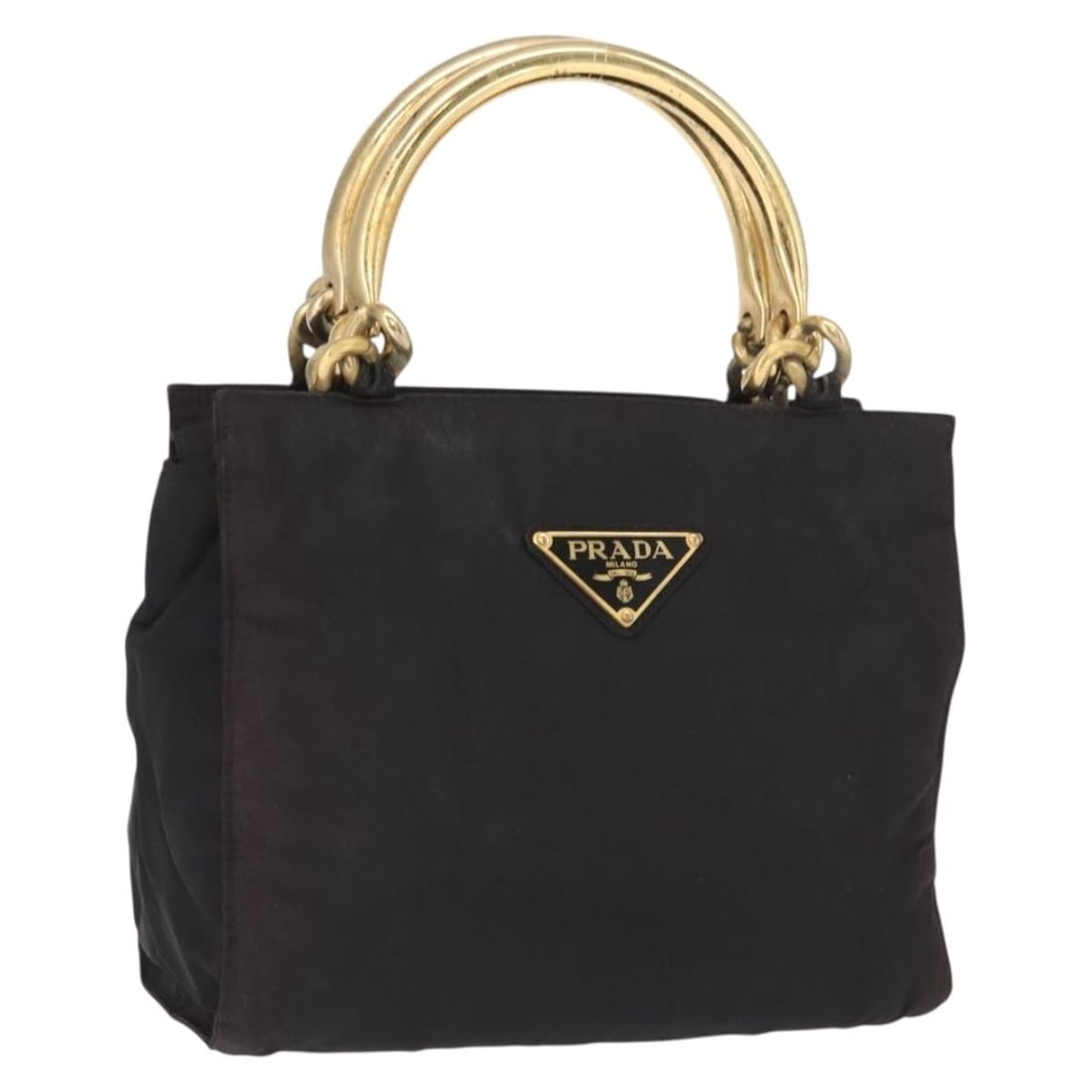 Black Nylon Prada Handbag with Gold Tone Accents Made in Italy: Black Nylon Prada Handbag with Gold Tone Accents Made in Italy This PRADA hand bag features a black nylon exterior with gold-tone accents and is crafted in Italy. The bag shows signs of heavy use, inc