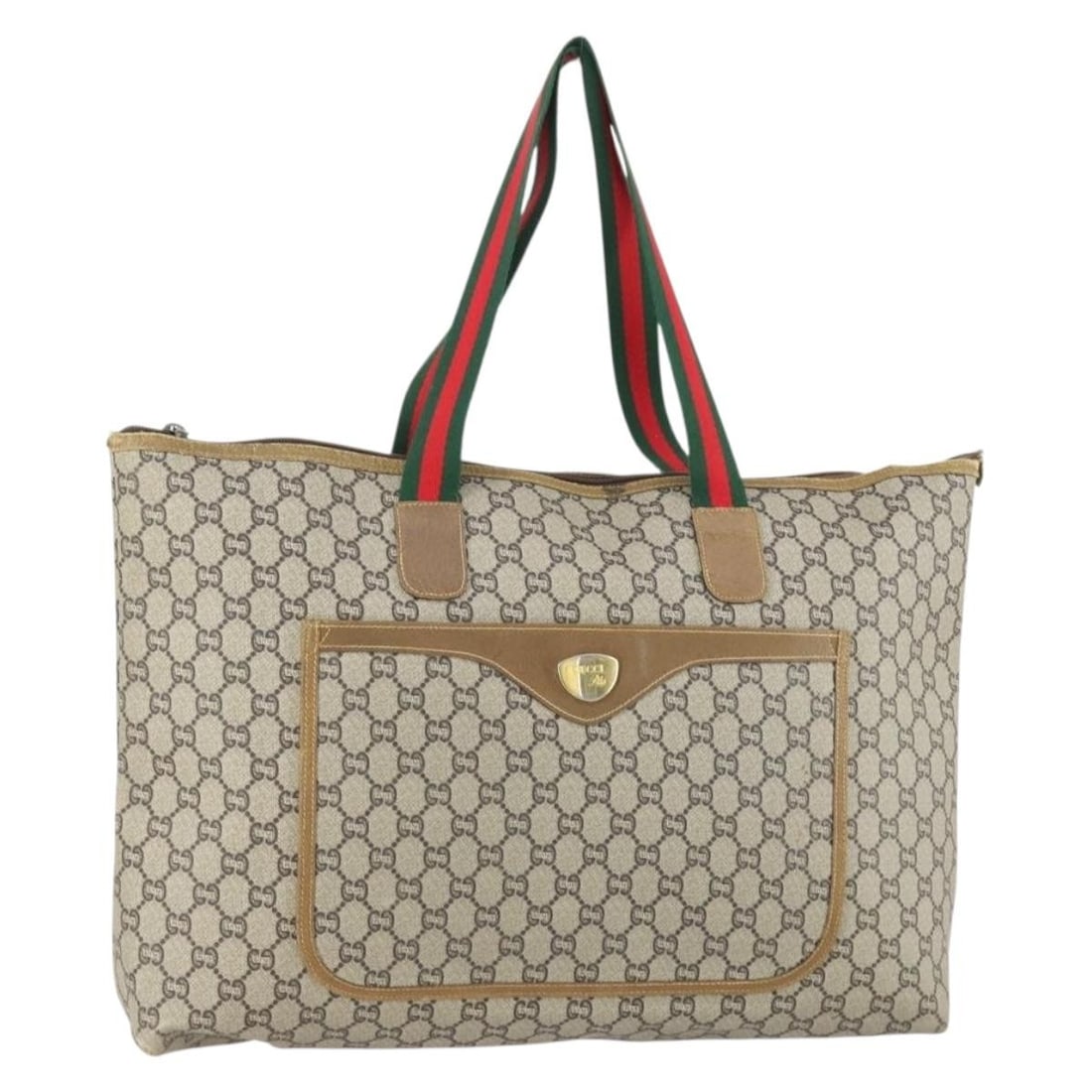 Gucci GG Supreme PVC Beige Red Tote with Web Stripe Sherry Line: Gucci GG Supreme PVC Beige Red Tote with Web Stripe Sherry Line This is a Gucci GG Plus Supreme Web Sherry Line tote bag in beige and red, crafted in PVC leather and GG canvas. The bag features a spac