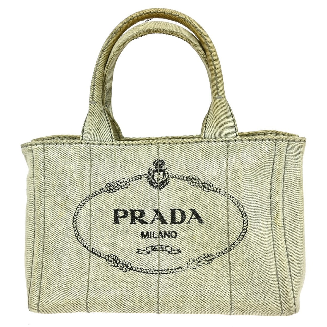 Gray Canvas Prada Canapa Tote Bag with Logo Accent Medium Size: Gray Canvas Prada Canapa Tote Bag with Logo Accent Medium Size Elevate your casual wardrobe with this stylish Prada Gray Canvas Canapa Tote Handbag. This medium-sized tote is perfect for everyday use,