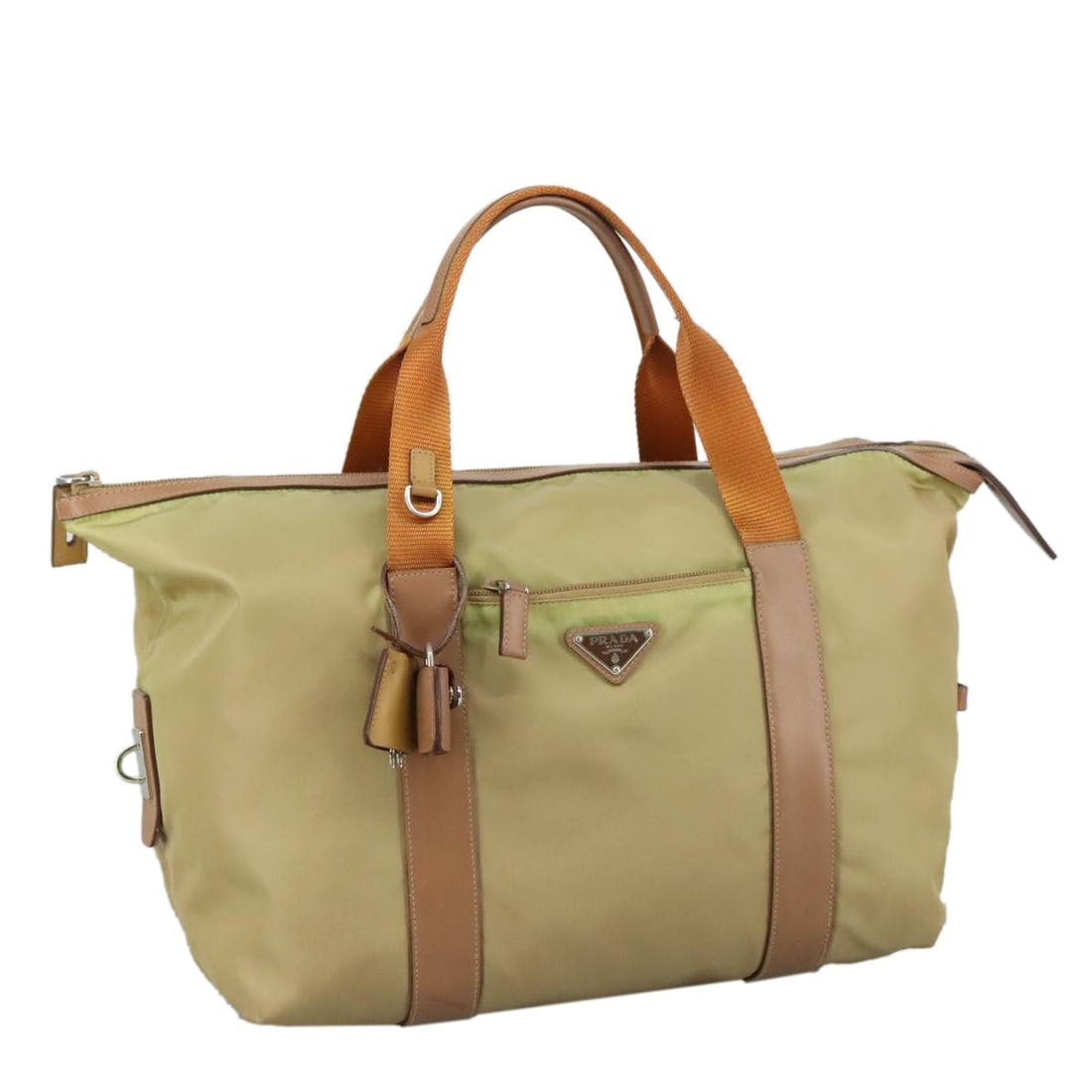 Prada Beige Nylon Hand Bag with Padlock and Key Italy: Prada Beige Nylon Hand Bag with Padlock and Key Italy This Prada hand bag is a stylish accessory crafted from durable nylon in a sophisticated beige color. It features a spacious interior and comforta