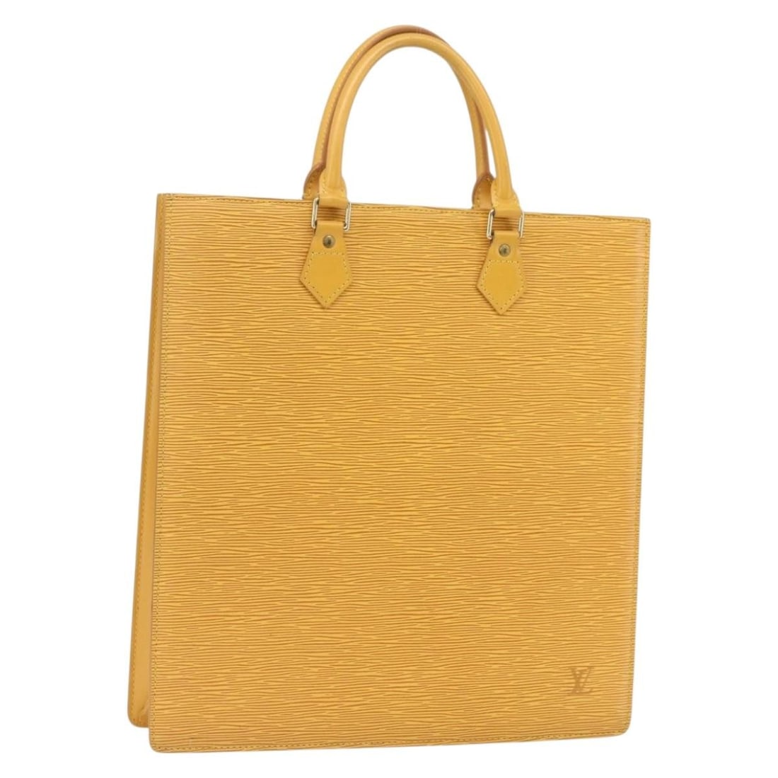 Yellow Epi Leather Sac Plat Handbag by Louis Vuitton Model M52079: Yellow Epi Leather Sac Plat Handbag by Louis Vuitton Model M52079 This is a Louis Vuitton Epi Sac Plat hand bag in yellow Epi leather, featuring a structured silhouette and dual top handles. The bag i