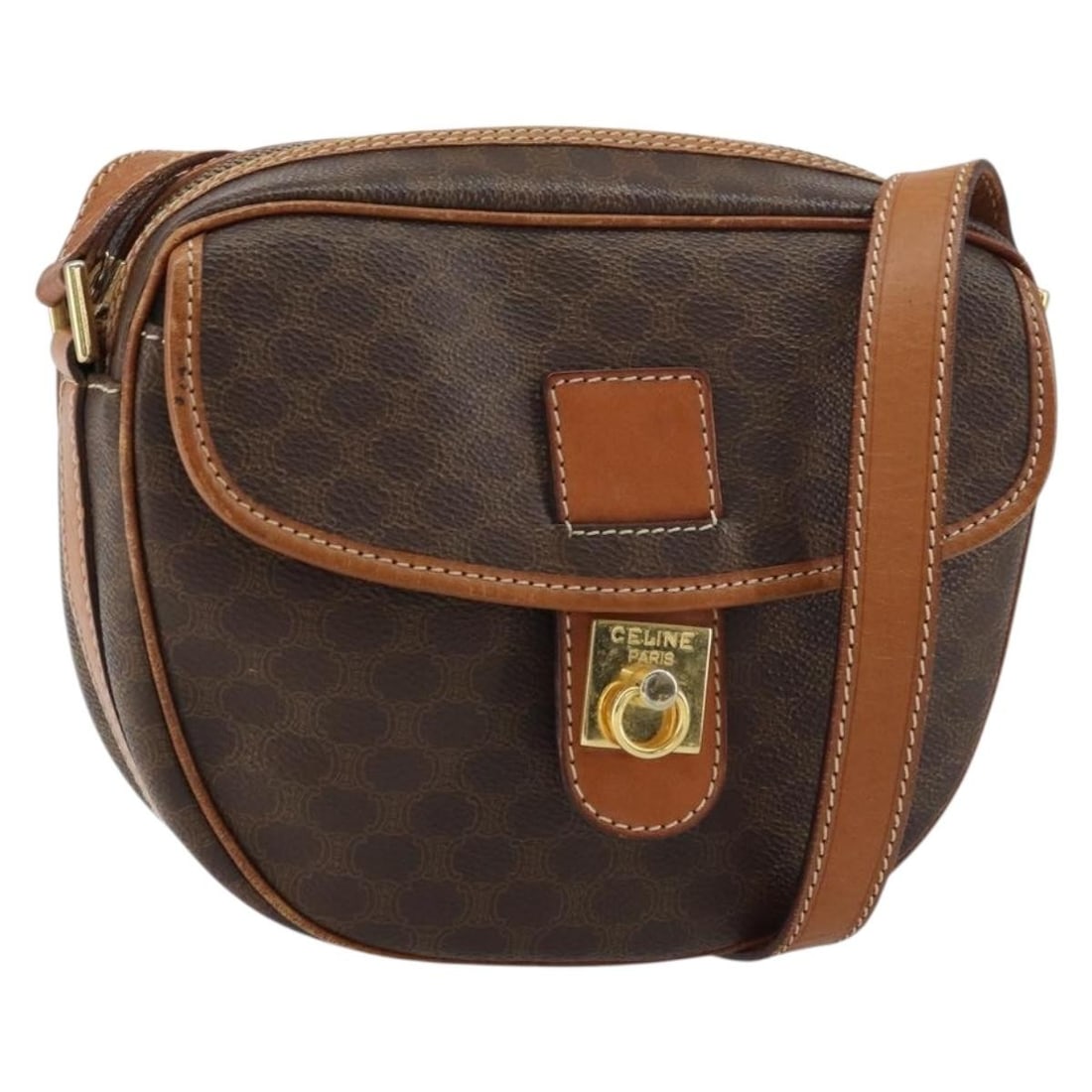 CELINE Macadam Canvas Shoulder Bag PVC Leather Brown Gold Made in Italy: CELINE Macadam Canvas Shoulder Bag PVC Leather Brown Gold Made in Italy This authentic CELINE Macadam Canvas Shoulder Bag is a stylish accessory made in Italy. The exterior features a blend of PVC lea