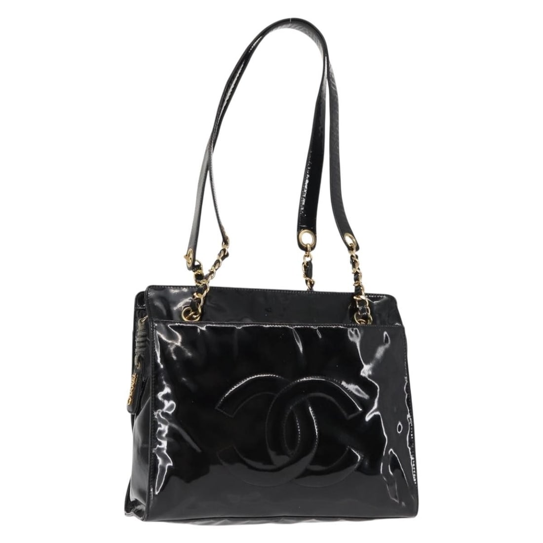 CHANEL COCO Mark Patent Leather Shoulder Bag Black Gold Auth BA3798: CHANEL COCO Mark Patent Leather Shoulder Bag Black Gold Auth BA3798 This exquisite CHANEL COCO Mark Chain Shoulder Bag is crafted from luxurious patent leather in a striking black and gold color combi