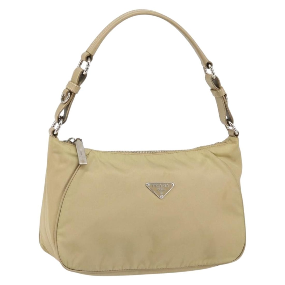 Prada Beige Silver Nylon Shoulder Bag Made in Italy: Prada Beige Silver Nylon Shoulder Bag Made in Italy This PRADA shoulder bag is crafted from beige nylon with silver-tone accents. Made in Italy, it features a compact silhouette with approximate dimen