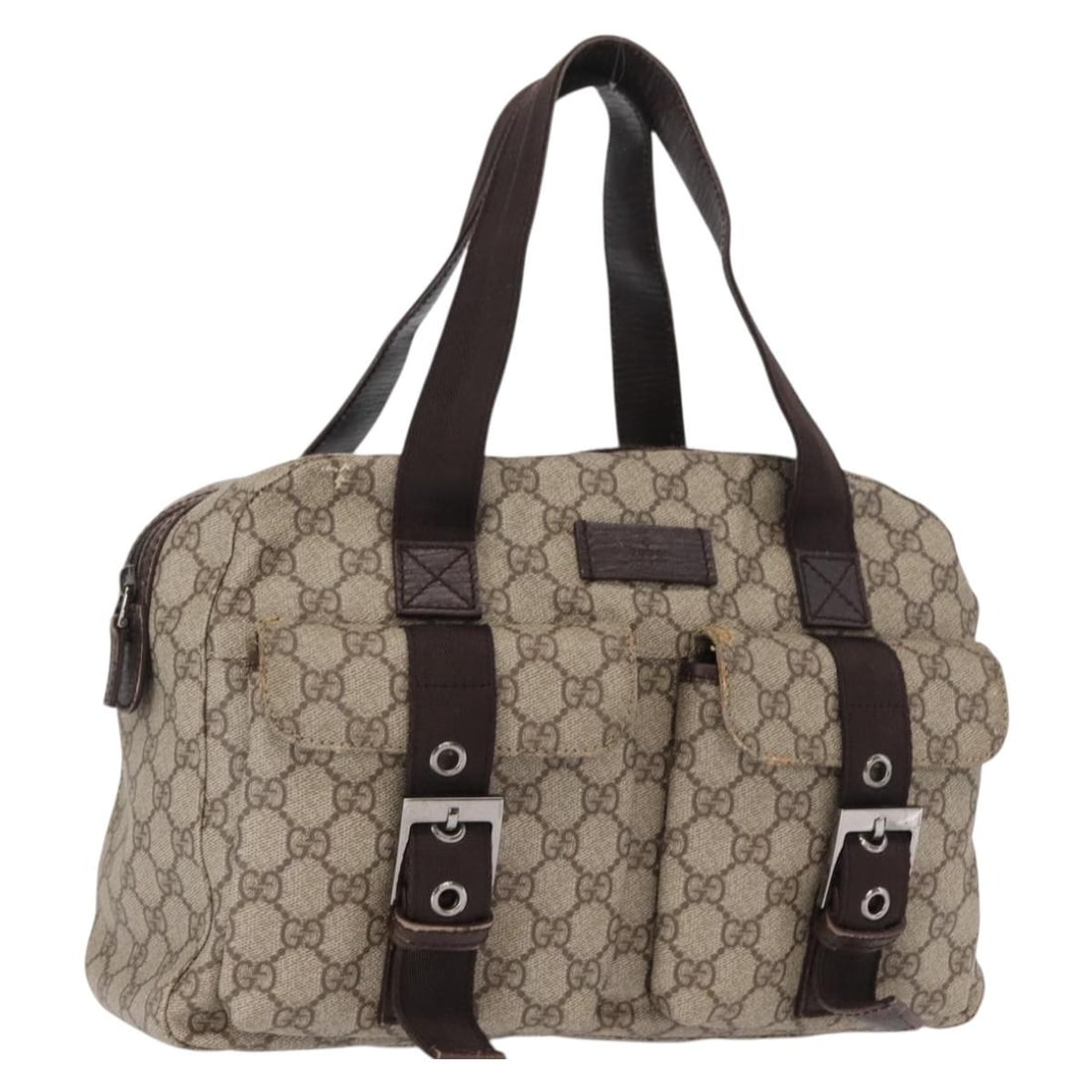 Beige PVC GG Supreme Handbag by Gucci Model 140959: Beige PVC GG Supreme Handbag by Gucci Model 140959 This GUCCI GG Supreme hand bag features a beige PVC leather and GG canvas exterior. The bag is designed with dual handles and offers a structured sil