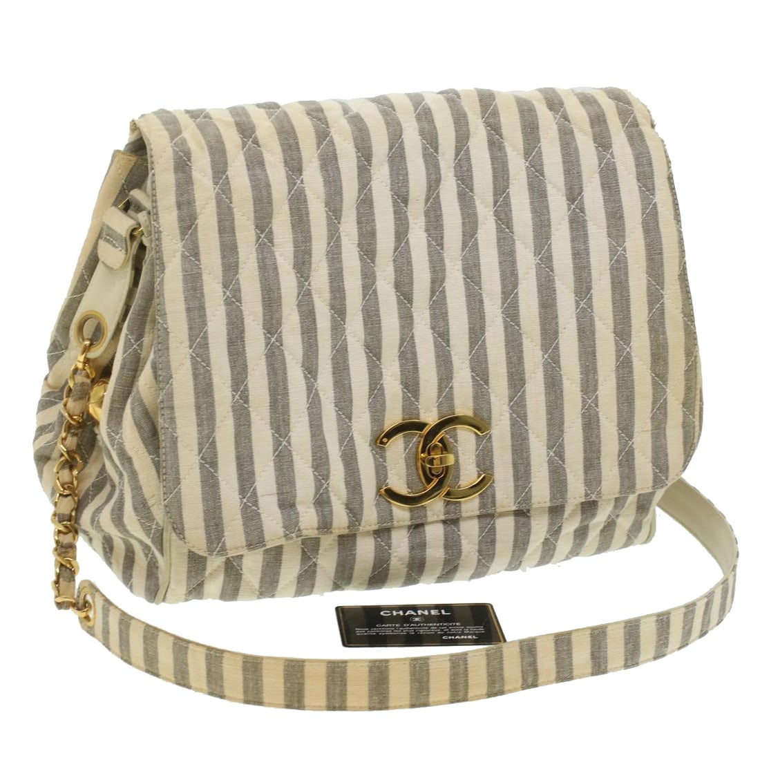 CHANEL Striped Matelasse Canvas Shoulder Bag White Gray Auth Italy: CHANEL Striped Matelasse Canvas Shoulder Bag White Gray Auth Italy This CHANEL Striped Matelasse Chain Shoulder Bag showcases a sophisticated blend of white and gray canvas, making it a stylish access