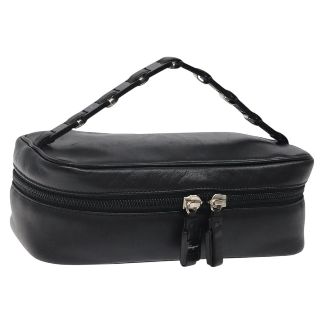 Salvatore Ferragamo Black Silver Leather Vanity Pouch Auth AU-22 8773 (1 of 18)