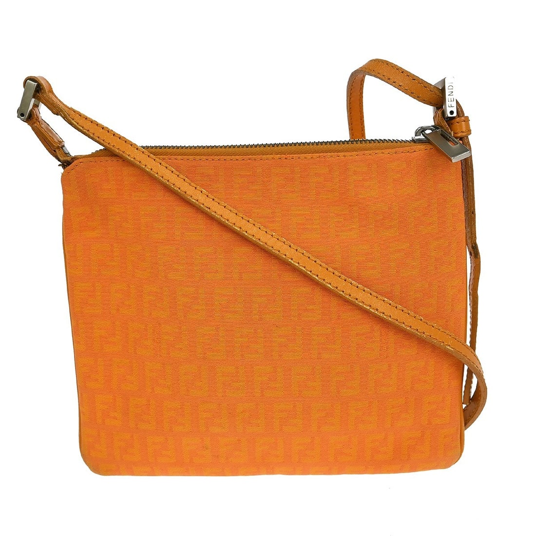 Fendi Zucchino Orange Canvas Leather Medium Shoulder Bag with Silver Hardware: Fendi Zucchino Orange Canvas Leather Medium Shoulder Bag with Silver Hardware This Fendi Zucchino shoulder bag features an orange canvas leather exterior with the signature logo pattern. It is designe