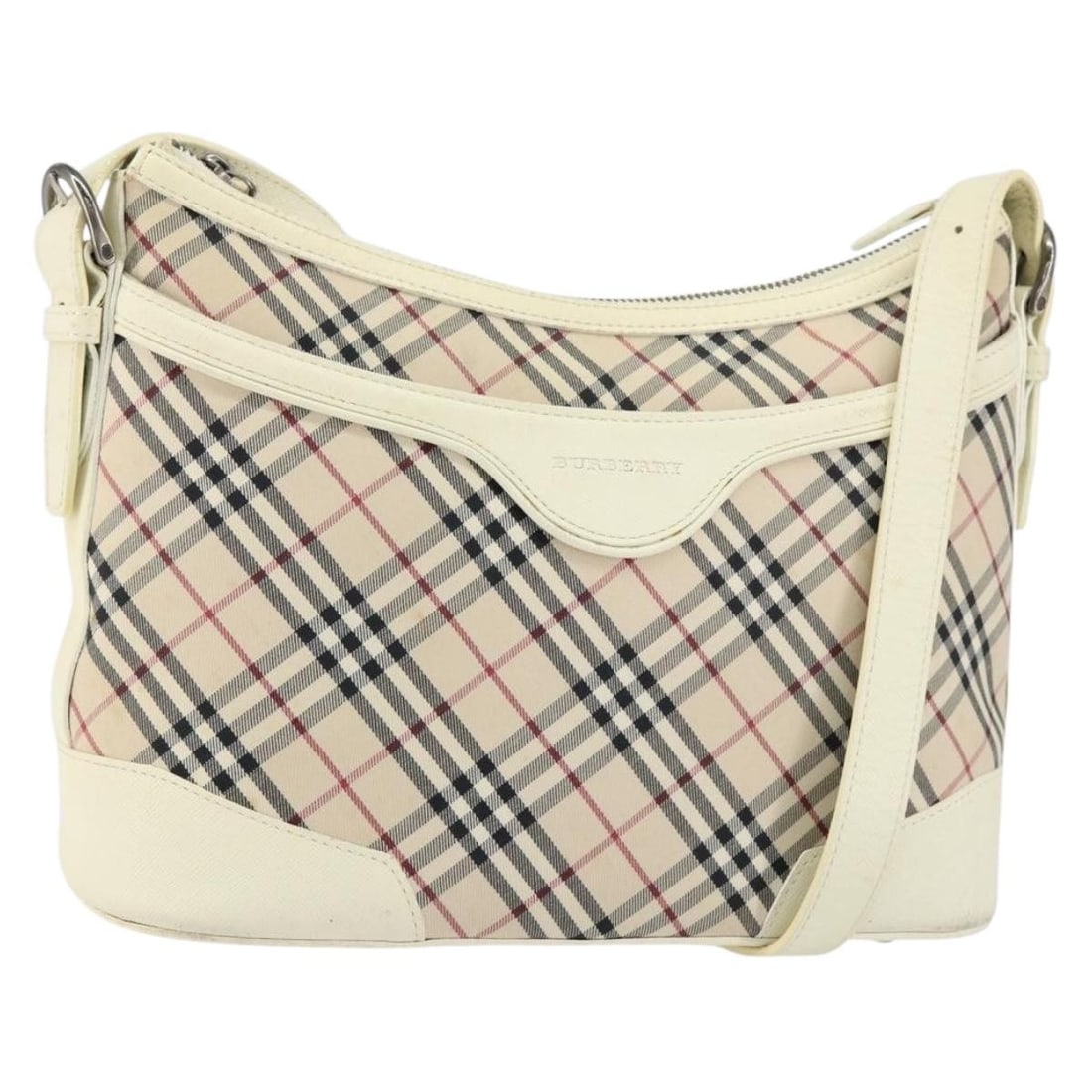 BURBERRY Nova Check Canvas Shoulder Bag White Silver Auth: BURBERRY Nova Check Canvas Shoulder Bag White Silver Auth Introducing the BURBERRY Nova Check Shoulder Bag, an elegant accessory crafted from durable canvas in a sophisticated white and silver color p