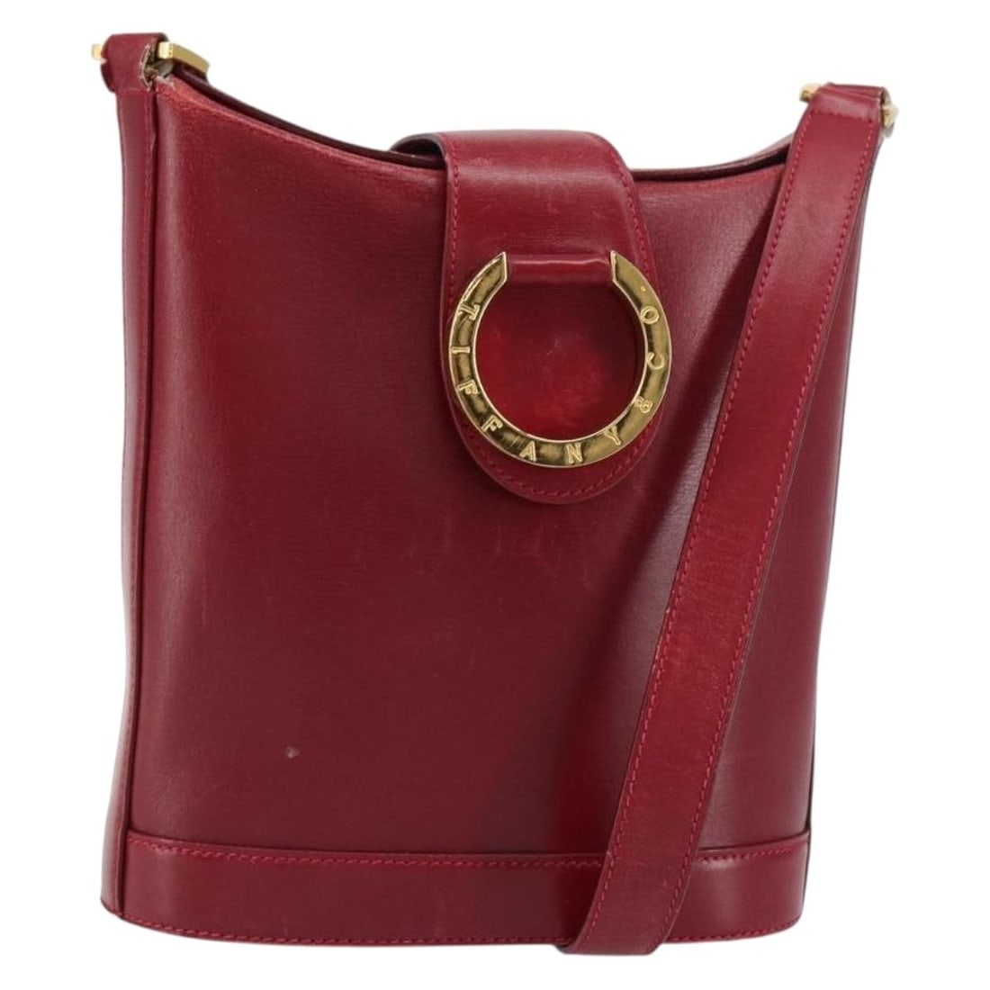 TIFFANY&Co. Red Gold Leather Shoulder Bag Auth Italy: TIFFANY&Co. Red Gold Leather Shoulder Bag Auth Italy This stylish shoulder bag from TIFFANY&Co. is crafted in Italy from high-quality leather, featuring a striking red and gold color combination. The