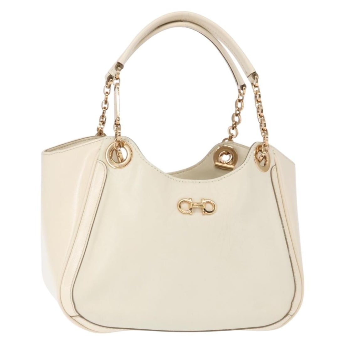 Salvatore Ferragamo Gancini Chain Hand Bag Leather White Gold Auth AU-21/B992: Salvatore Ferragamo Gancini Chain Hand Bag Leather White Gold Auth AU-21/B992 This Salvatore Ferragamo Gancini Chain Hand Bag is a stunning accessory crafted in Italy. Made from premium leather, it fe