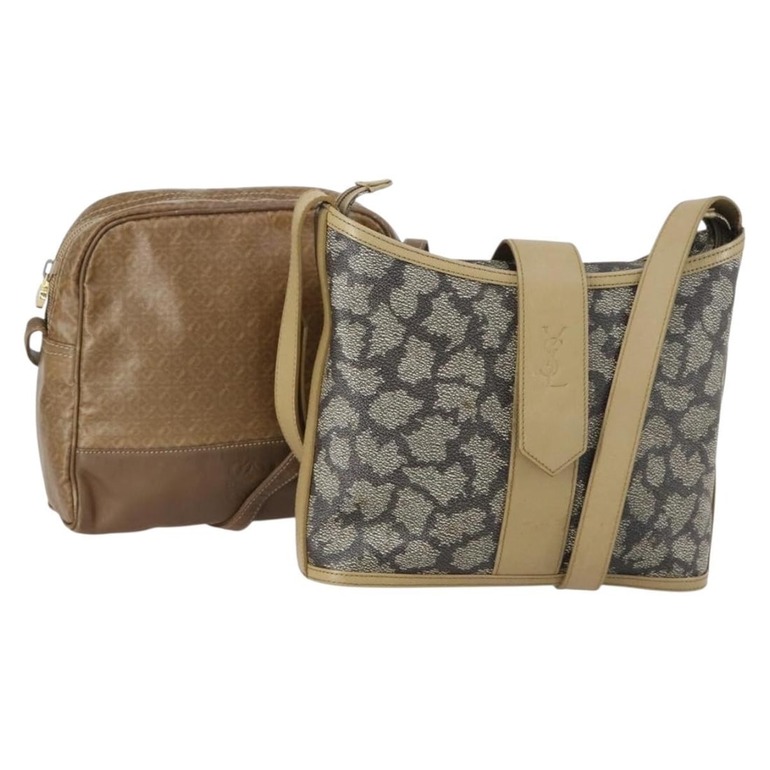 SAINT LAURENT Loewe Brown Black PVC Shoulder Bag Set Authentic: SAINT LAURENT Loewe Brown Black PVC Shoulder Bag Set Authentic This stylish SAINT LAURENT shoulder bag is crafted from durable PVC leather in a sophisticated brown and black color combination. Designe