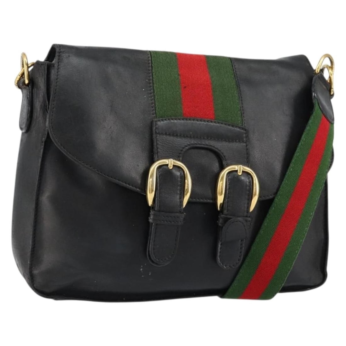 GUCCI Sherry Line Black Leather Shoulder Bag Gold Red Auth 154664 (1 of 18)