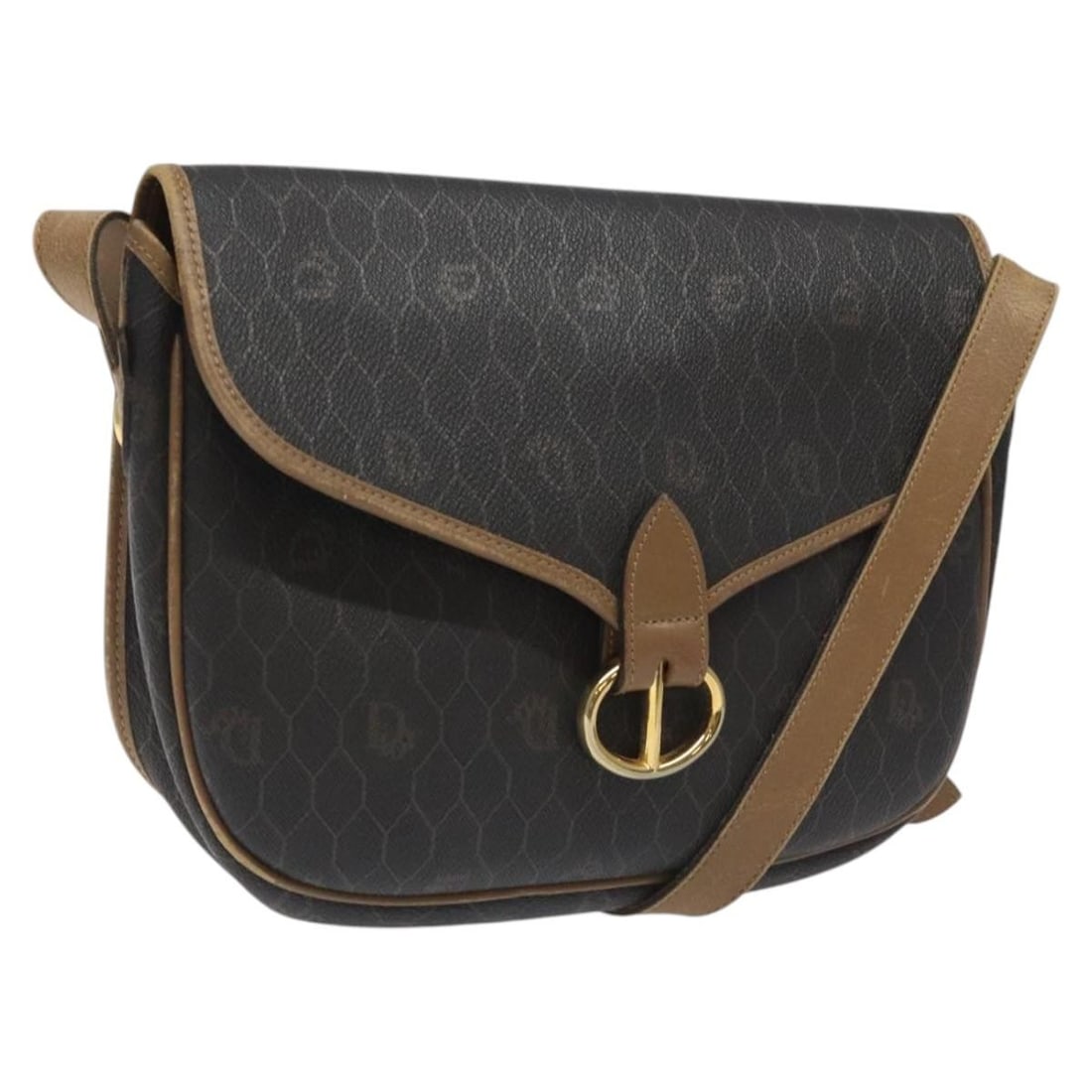 Christian Dior Honeycomb Pattern PVC Shoulder Bag Black Brown Gold France (1 of 18)