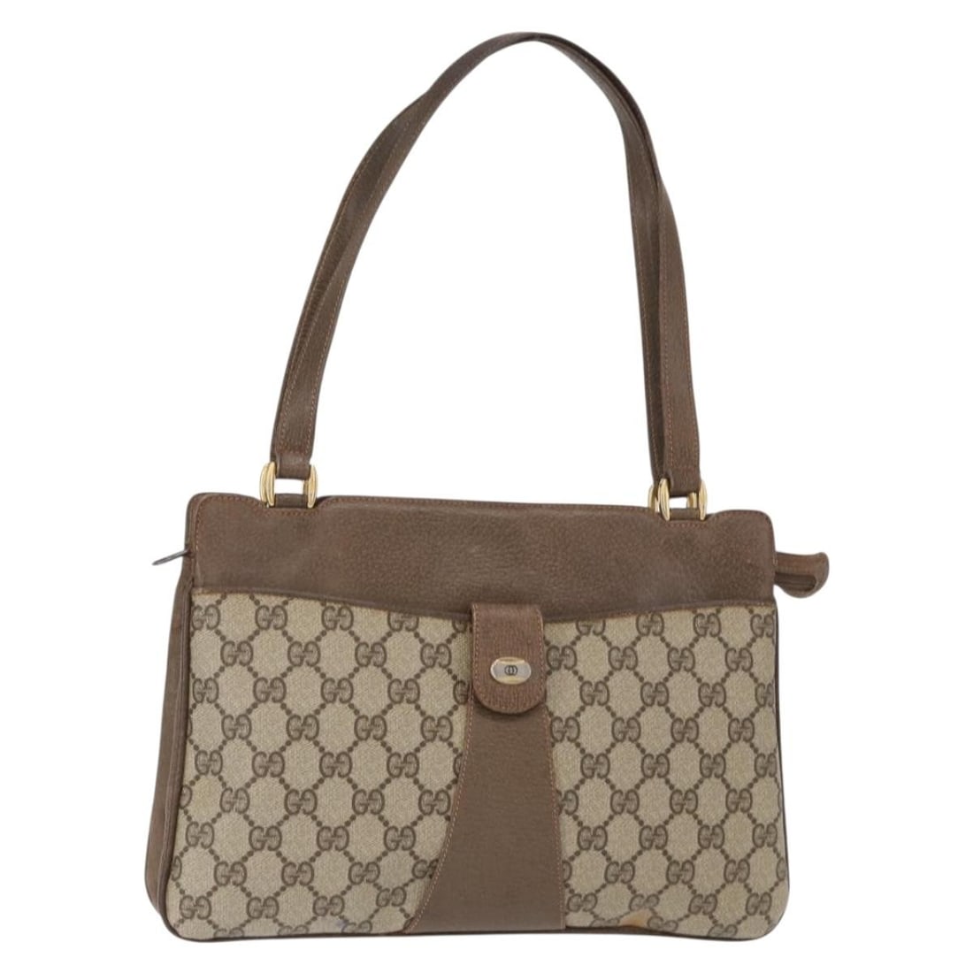 GUCCI GG Supreme Beige Gold PVC Tote Bag Italy Auth BA8621: GUCCI GG Supreme Beige Gold PVC Tote Bag Italy Auth BA8621 This GUCCI GG Supreme Tote Bag is a chic accessory crafted in Italy from durable PVC leather, featuring a stylish beige and gold color combin