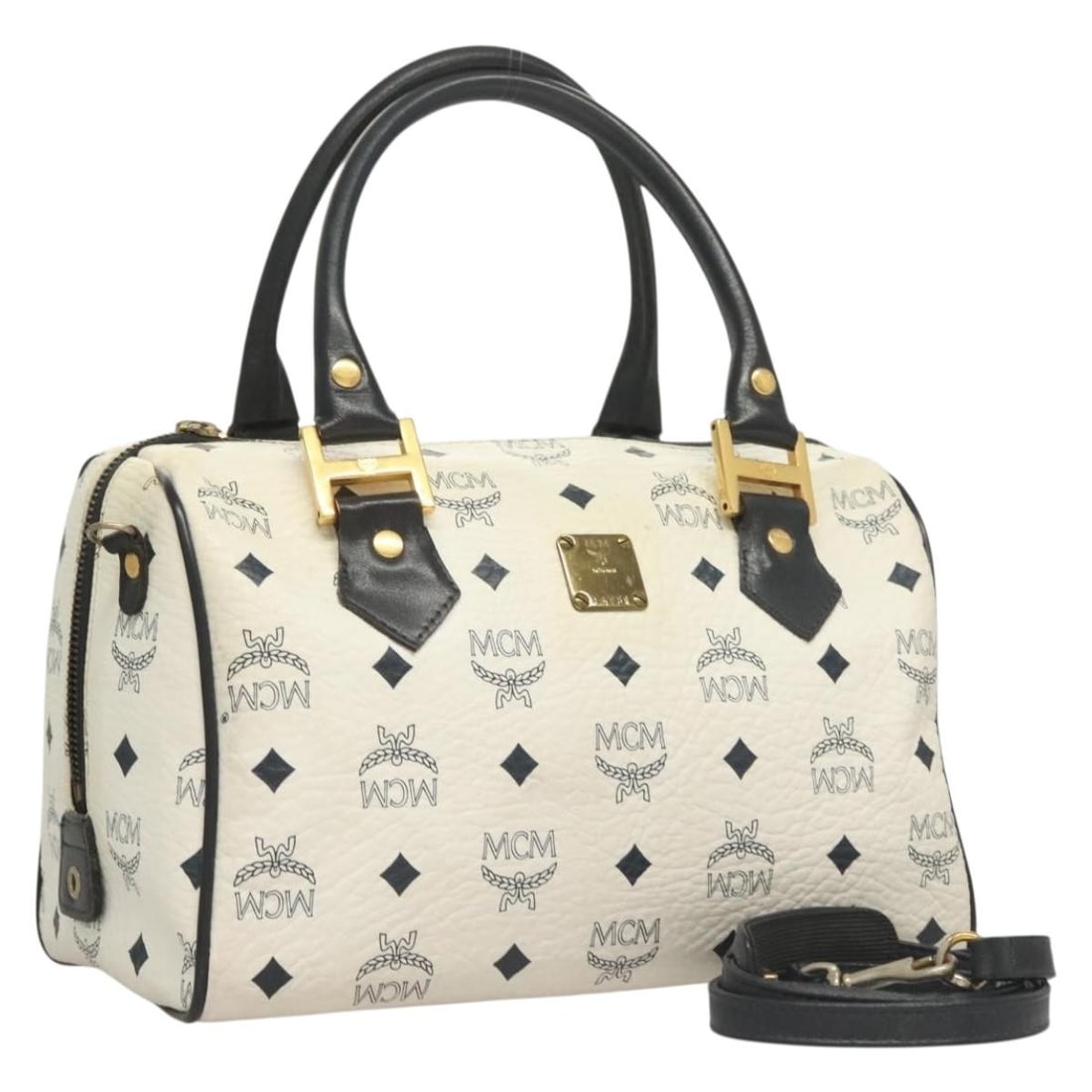 MCM Logogram Vicetos Boston Bag White Gold PVC Leather Auth (1 of 18)