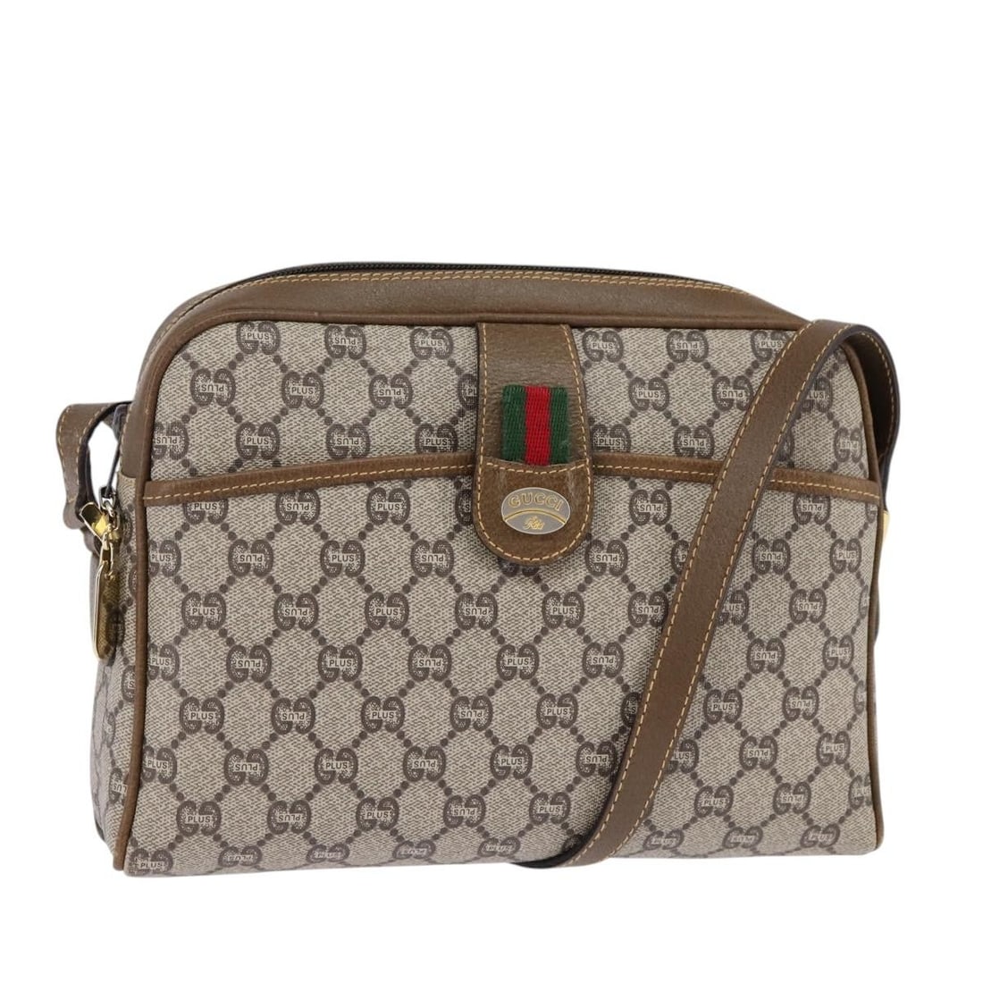 GUCCI GG Plus Supreme Web Sherry Line Shoulder Bag Beige Gold PVC Auth: GUCCI GG Plus Supreme Web Sherry Line Shoulder Bag Beige Gold PVC Auth Introducing the GUCCI GG Plus Supreme Web Sherry Line Shoulder Bag, a stylish accessory that embodies luxury and functionality. C
