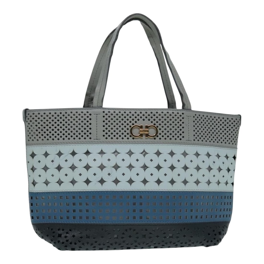Salvatore Ferragamo Gray Gold Leather Tote Bag Auth 92341 Italy: Salvatore Ferragamo Gray Gold Leather Tote Bag Auth 92341 Italy This elegant Salvatore Ferragamo tote bag showcases a sophisticated design in a stylish gray and gold color scheme. Crafted from high-qu