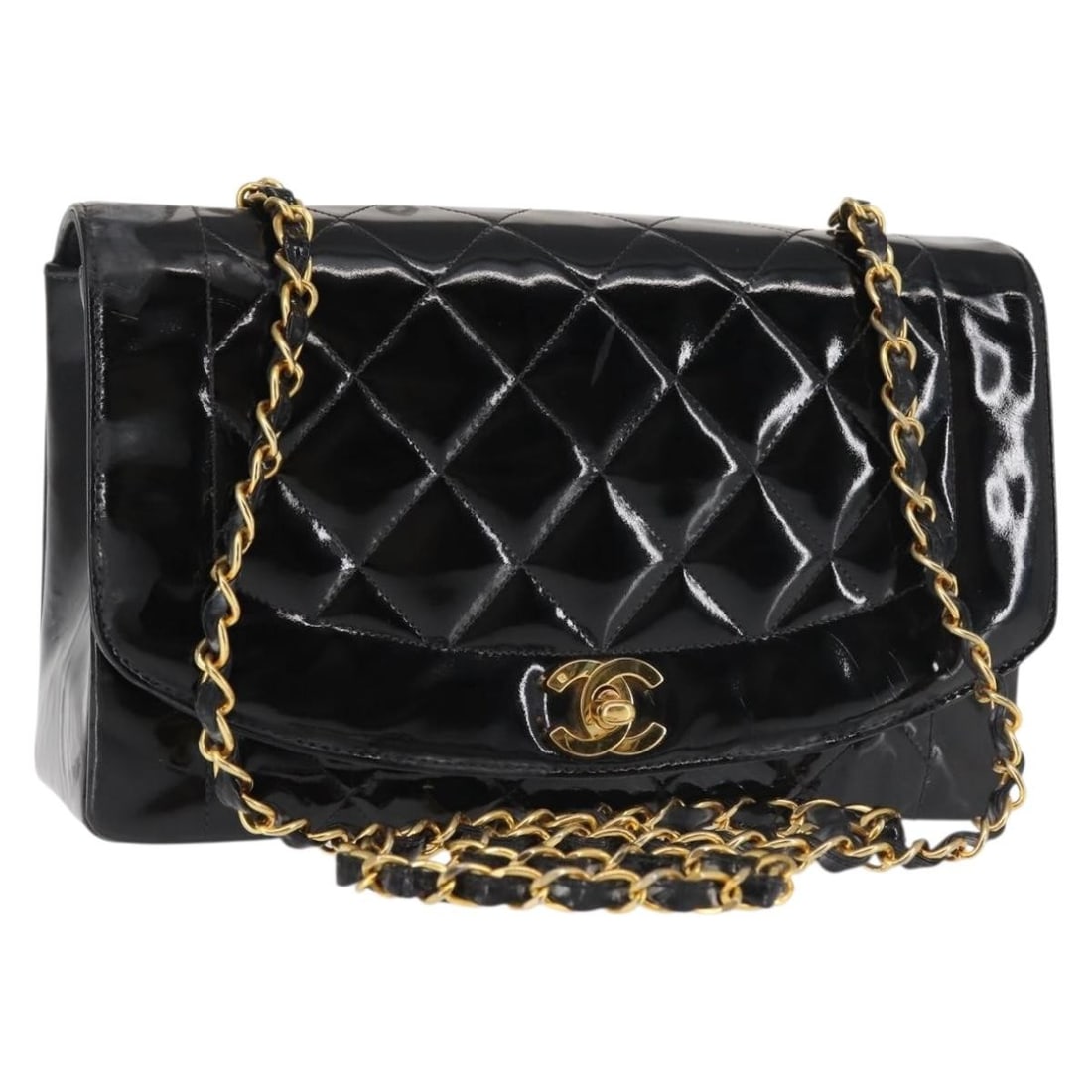 CHANEL Diana Shoulder Bag Black Patent Leather Gold CC Auth 144924: CHANEL Diana Shoulder Bag Black Patent Leather Gold CC Auth 144924 This CHANEL Chain Diana Shoulder Bag is a chic accessory crafted from luxurious patent leather in a sophisticated black and gold colo
