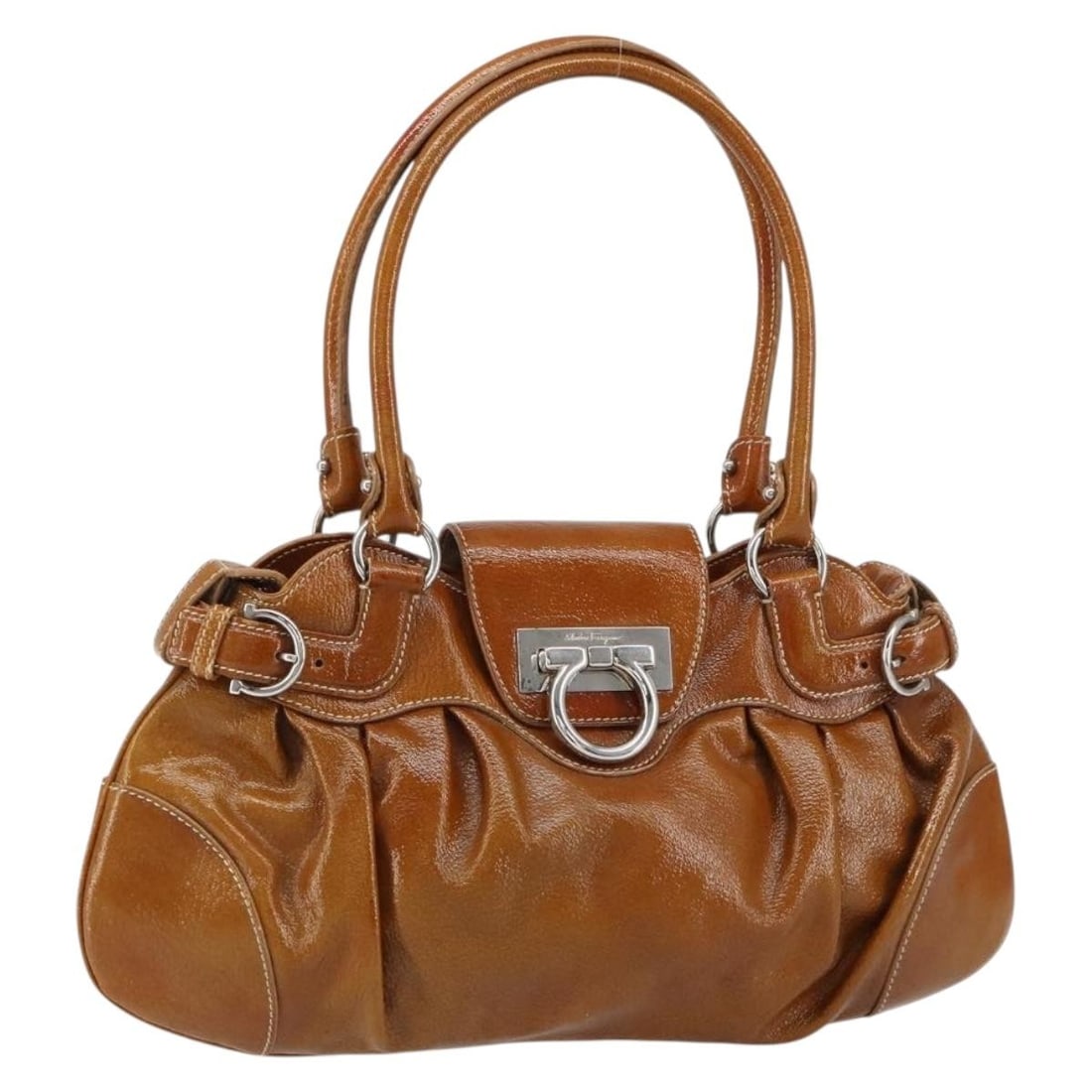 Brown Enamel Gancini Handbag by Salvatore Ferragamo Silver Tone Hardware: Brown Enamel Gancini Handbag by Salvatore Ferragamo Silver Tone Hardware This Salvatore Ferragamo Gancini hand bag is crafted in brown and silver enamel and features a sleek, structured design. Made i