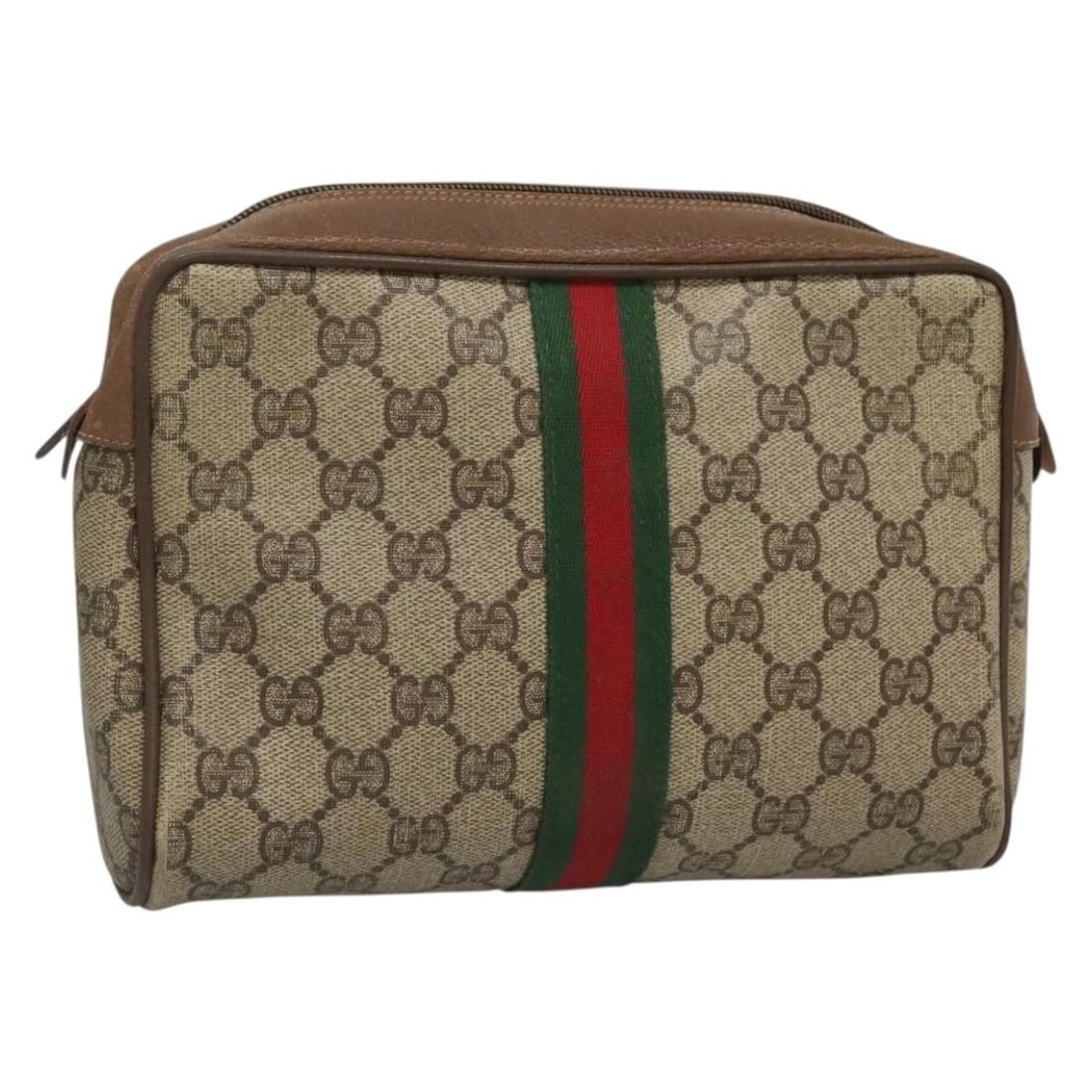 GUCCI GG Supreme Web Sherry Line Clutch Bag PVC Beige Brown 89 01 012 Auth: GUCCI GG Supreme Web Sherry Line Clutch Bag PVC Beige Brown 89 01 012 Auth This GUCCI GG Supreme Web Sherry Line Clutch Bag is a stylish accessory crafted from durable PVC leather with a beige and bro