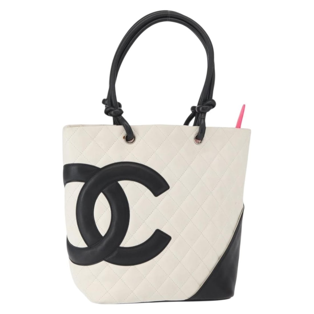 CHANEL Matelasse Medium Cambon Tote Bag White Black Calf Skin Auth 156639V: CHANEL Matelasse Medium Cambon Tote Bag White Black Calf Skin Auth 156639V Introducing the CHANEL Matelasse Medium Cambon Line Bag, a stylish tote bag expertly crafted in Italy from premium calfskin l