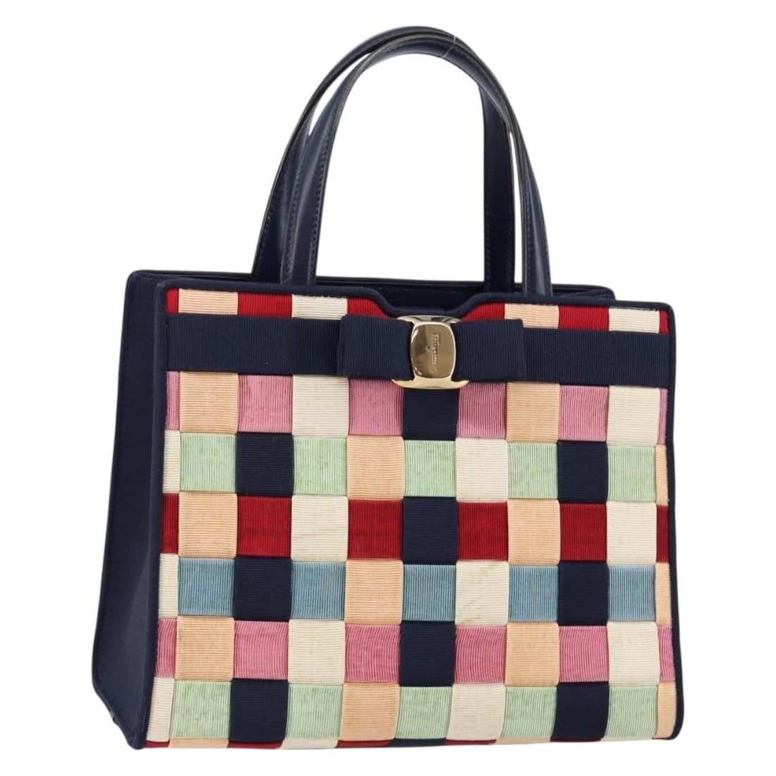 Salvatore Ferragamo Vala Navy Gold Nylon Hand Bag Authentic (1 of 18)