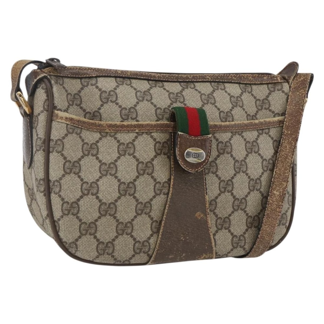 Beige Red PVC Shoulder Bag Gucci GG Supreme Web Line 89 02 032: Beige Red PVC Shoulder Bag Gucci GG Supreme Web Line 89 02 032 This is a Gucci GG Supreme Web Sherry Line shoulder bag crafted from beige, gold, and red PVC leather and GG canvas. The bag features a c