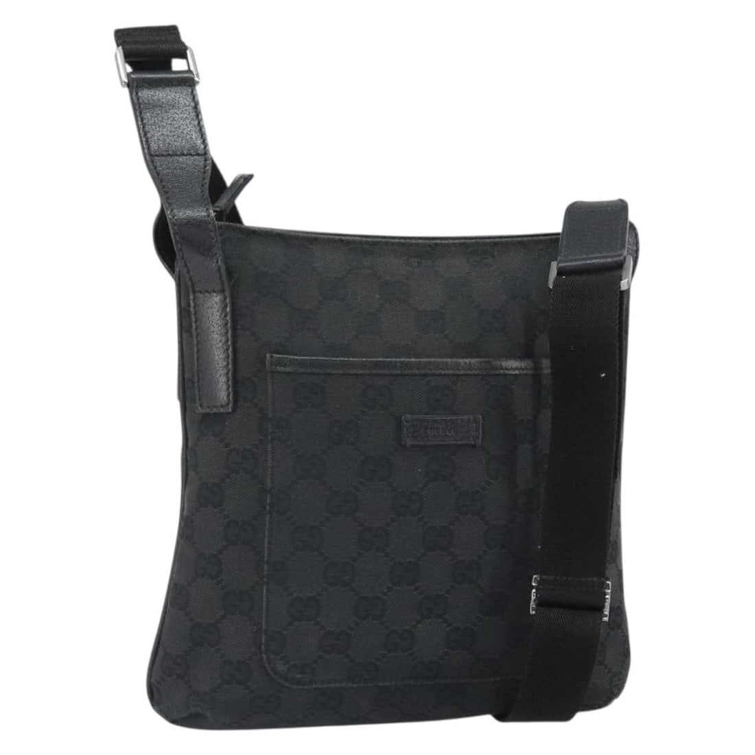 Black GG Canvas Gucci 122793 Shoulder Bag with Silver Accents: Black GG Canvas Gucci 122793 Shoulder Bag with Silver Accents This is a GUCCI GG Canvas shoulder bag in black and silver, crafted from signature GG canvas. The bag features an adjustable shoulder stra