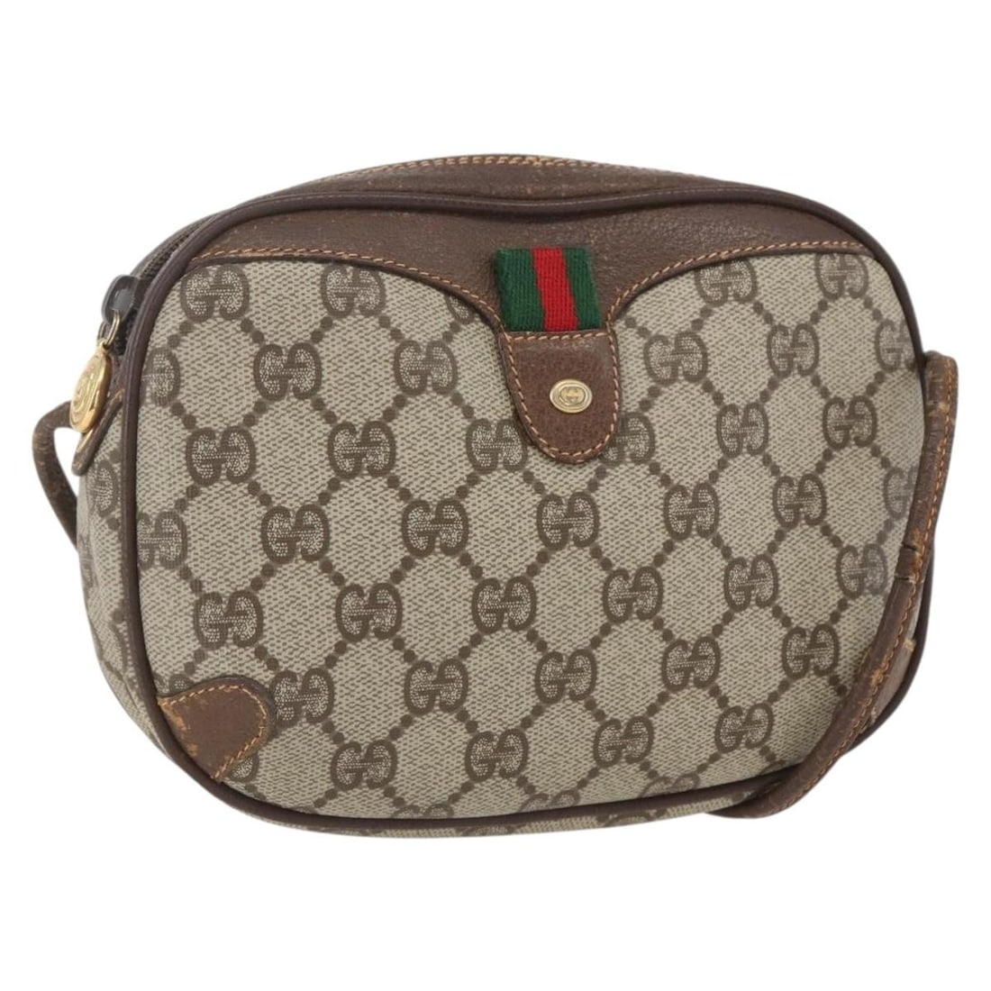 Gucci GG Supreme Beige PVC Shoulder Bag with Web Stripe 89 02 066: Gucci GG Supreme Beige PVC Shoulder Bag with Web Stripe 89 02 066 This GUCCI GG Supreme Web Sherry Line shoulder bag is crafted from beige and gold PVC leather with GG canvas accents. Made in Italy, i