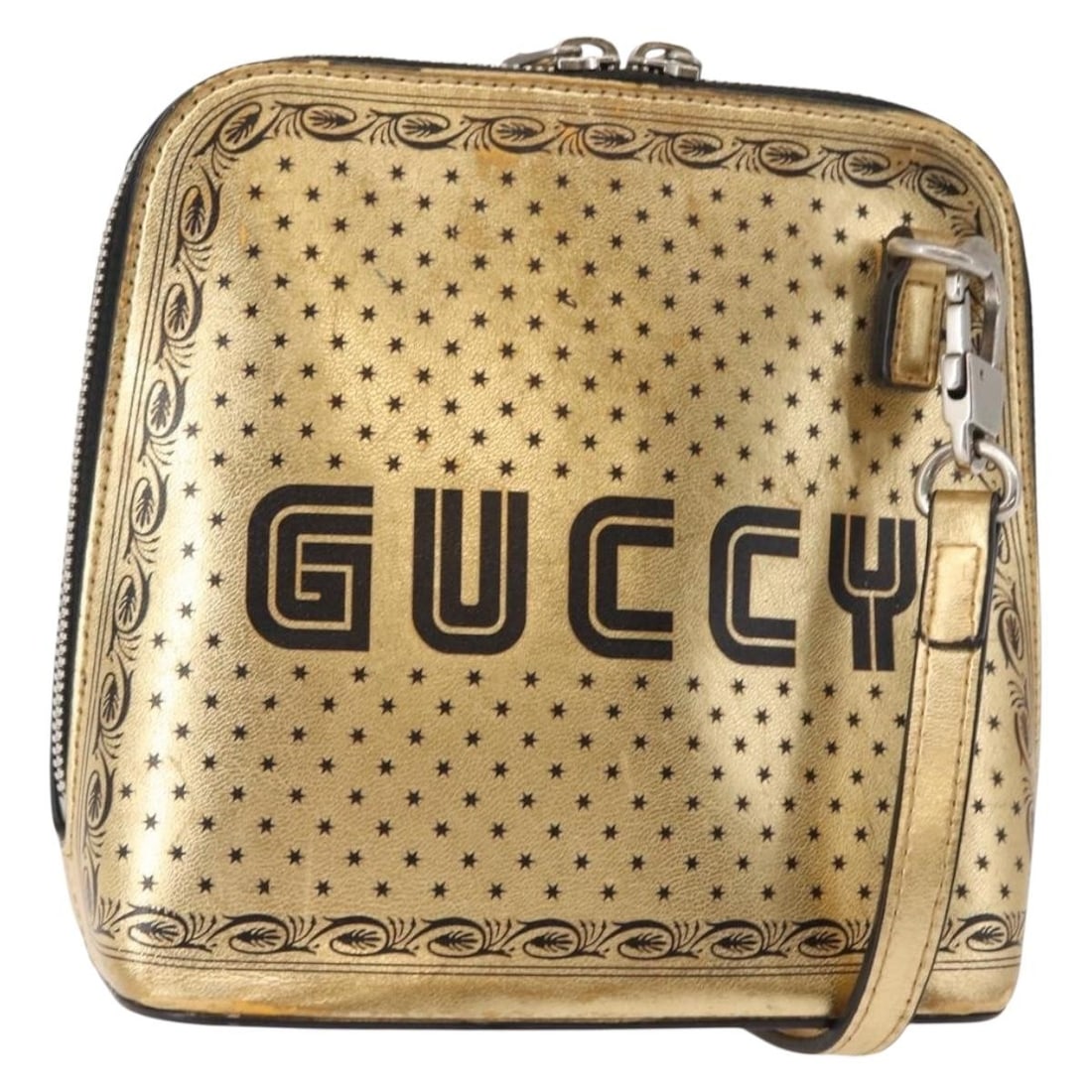 GUCCI GUCCY x SEGA Leather Shoulder Bag Gold Silver 511189 Authentic: GUCCI GUCCY x SEGA Leather Shoulder Bag Gold Silver 511189 Authentic This GUCCI GUCCY Print Shoulder Bag is a stylish accessory that showcases a unique blend of gold and silver leather. Crafted in Ita