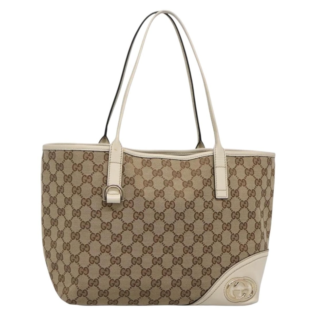 Beige Gold GG Canvas Tote Handbag by Gucci 169946 Italy: Beige Gold GG Canvas Tote Handbag by Gucci 169946 Italy This is a Gucci GG Canvas tote bag in beige and gold. The bag features the signature GG canvas exterior, gold-tone leather accents, and dual top