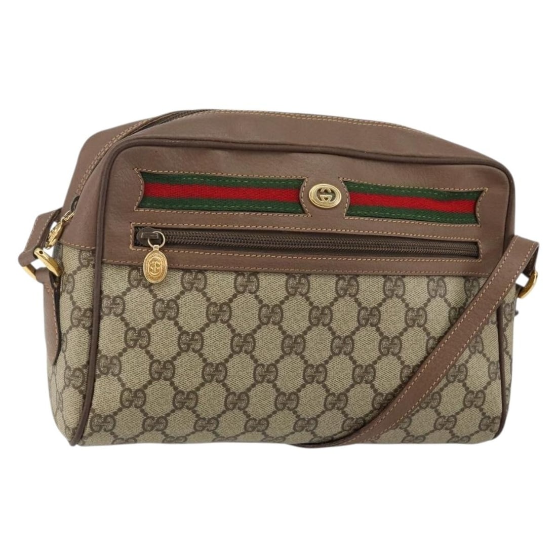 GUCCI GG Supreme Web Sherry Shoulder Bag PVC Beige Gold Red Italy: GUCCI GG Supreme Web Sherry Shoulder Bag PVC Beige Gold Red Italy Elevate your accessory collection with this authentic GUCCI GG Supreme Shoulder Bag, crafted in Italy from durable PVC leather and fea