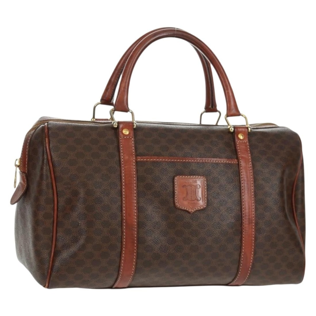 Celine Boston Bag Macadam Canvas Brown PVC Leather Gold Accents Italy (1 of 18)