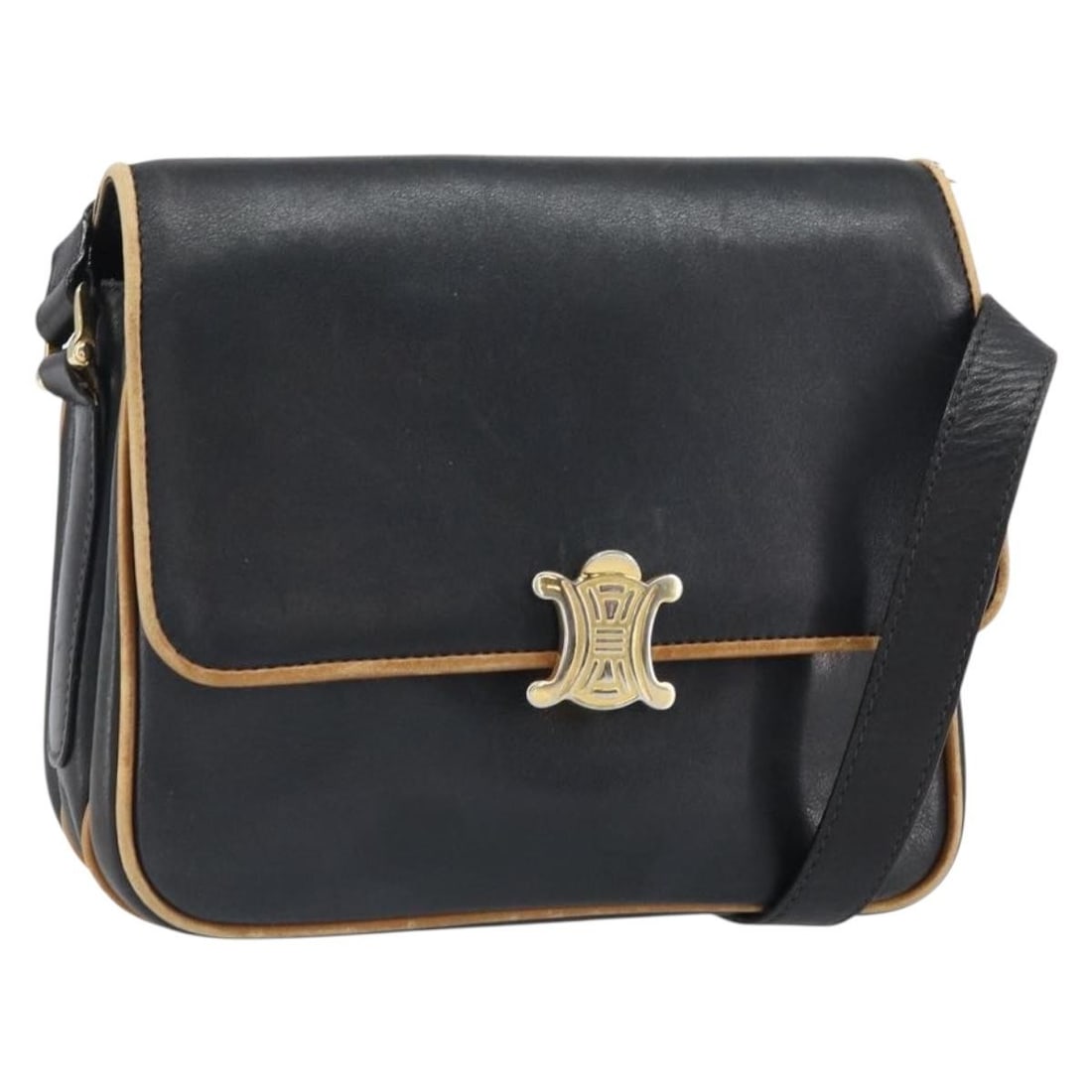 Black Leather CELINE Shoulder Bag with Gold Accents Italy: Black Leather CELINE Shoulder Bag with Gold Accents Italy This CELINE shoulder bag is crafted from black leather and features gold-tone accents. Designed with a structured silhouette, the bag offers a