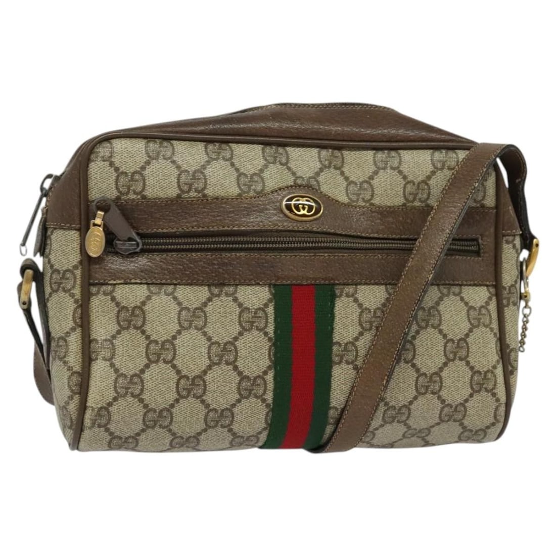 GUCCI GG Supreme Sherry Line Shoulder Bag Beige Gold PVC BA2469: GUCCI GG Supreme Sherry Line Shoulder Bag Beige Gold PVC BA2469 This GUCCI GG Supreme Web Sherry Line Shoulder Bag is a stylish accessory crafted in Italy from durable PVC leather. It features a chic