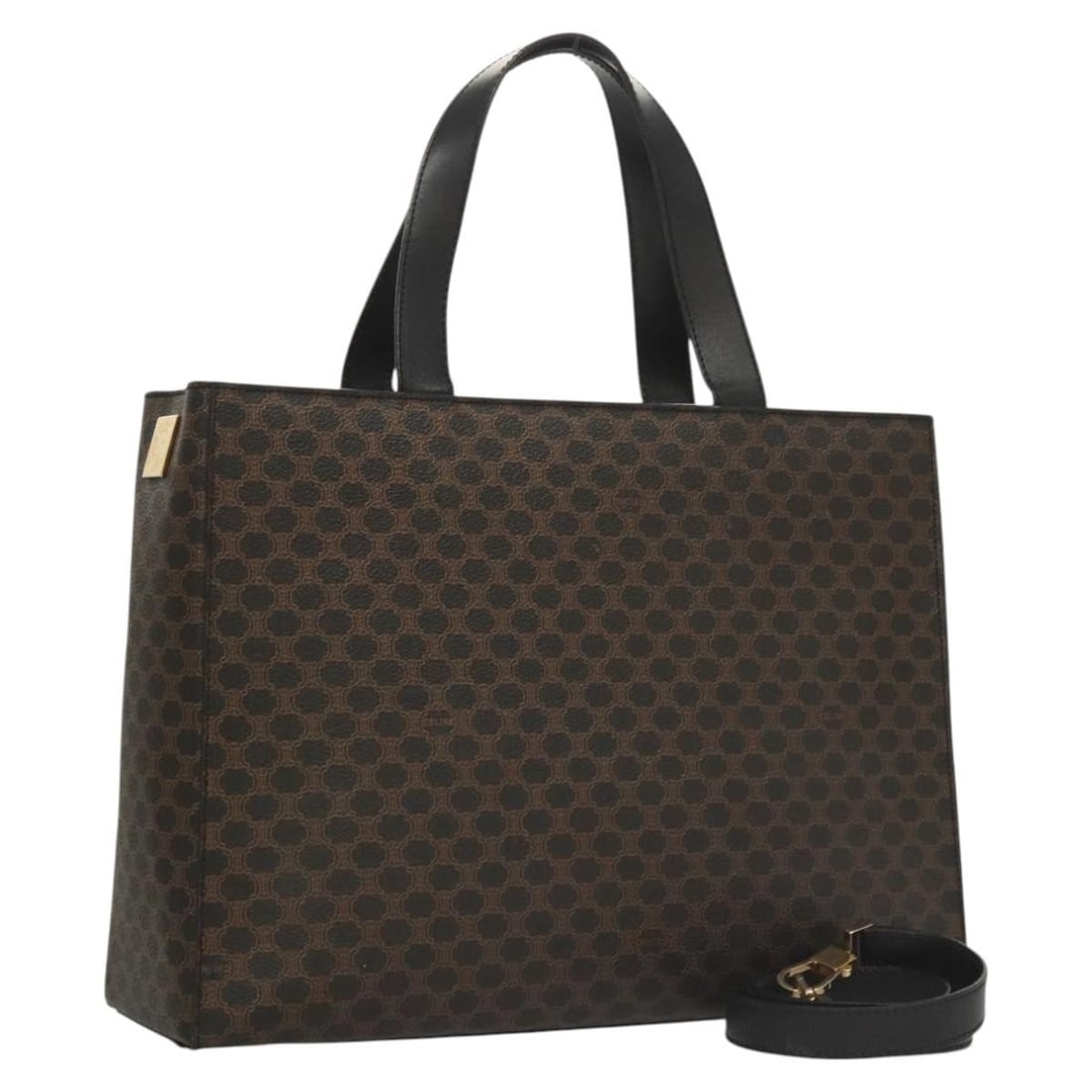 CELINE Macadam Canvas Hand Bag Black Gold PVC Leather 2way Italy Auth: CELINE Macadam Canvas Hand Bag Black Gold PVC Leather 2way Italy Auth This Celine Macadam Canvas Hand Bag combines elegance and functionality in a striking black and gold design. Crafted from durable