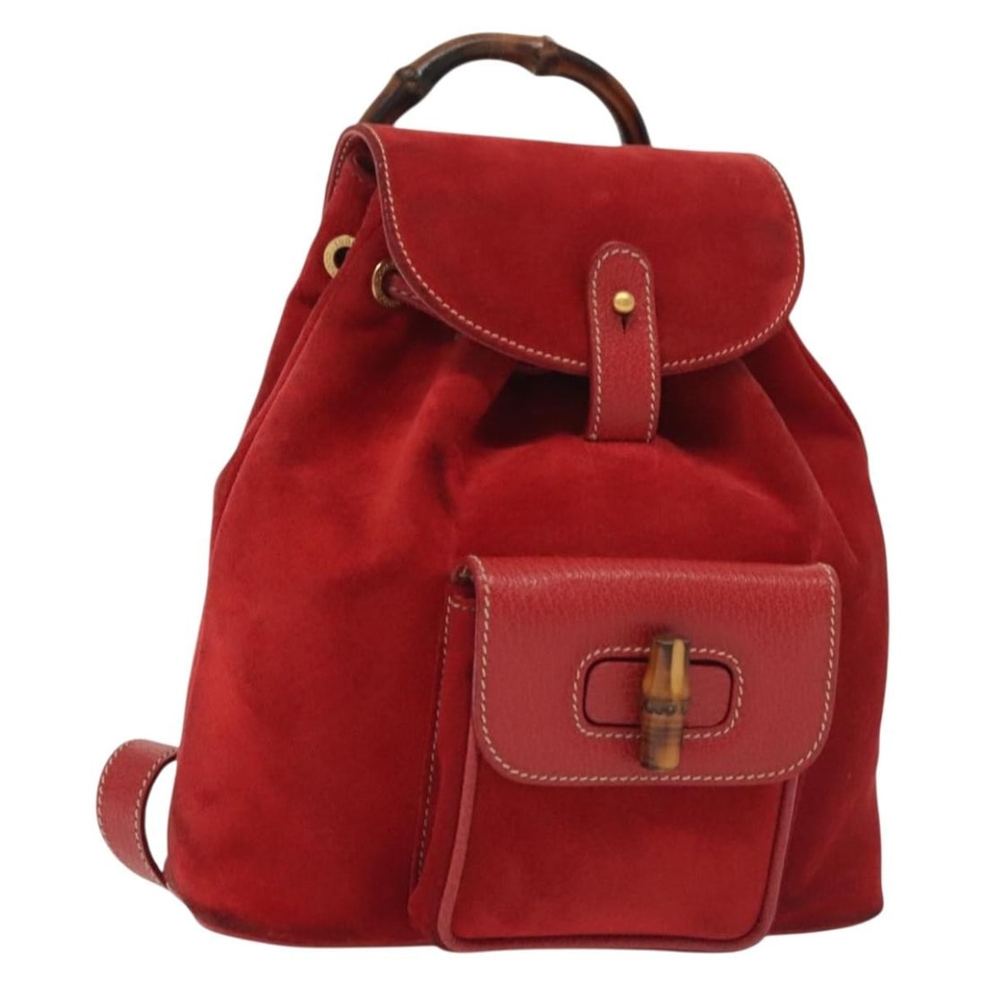 GUCCI Bamboo Suede Backpack Red Gold 003 1705 0030 Authentic: GUCCI Bamboo Suede Backpack Red Gold 003 1705 0030 Authentic This authentic GUCCI Bamboo Backpack is a stylish and functional accessory, crafted from high-quality suede in a striking red and gold exte