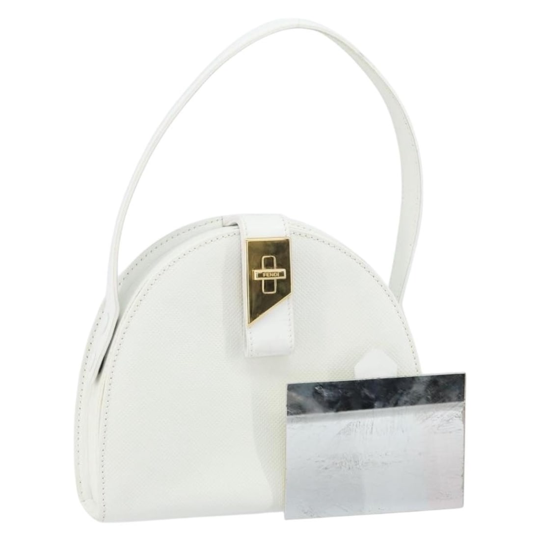 Fendi White and Gold Leather Handbag with Mirror Accessory: Fendi White and Gold Leather Handbag with Mirror Accessory This FENDI hand bag is crafted from leather in white and gold tones. It features a compact silhouette with a top handle and comes with a mirr