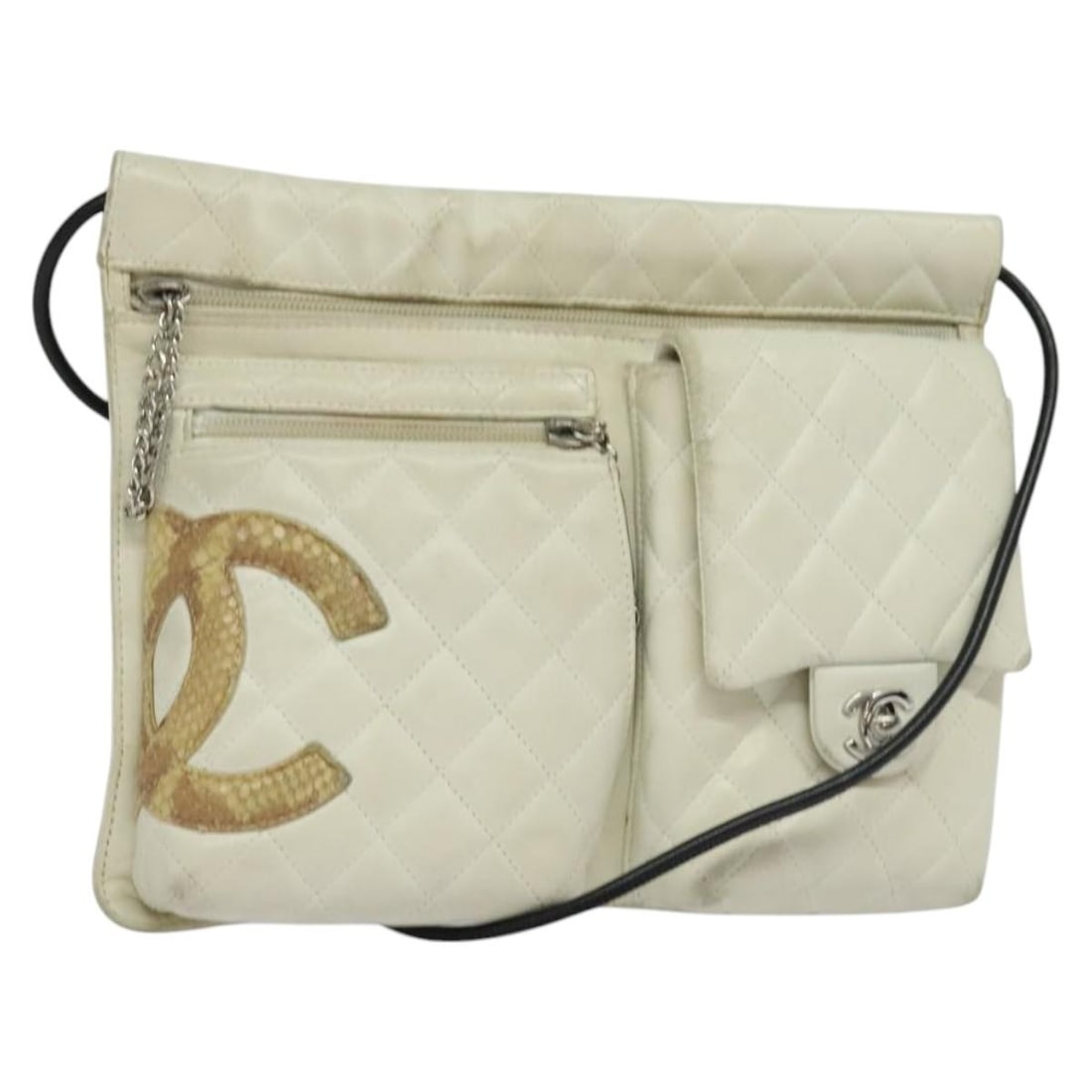 CHANEL White Lambskin Shoulder Bag with Strap Drop 21.3in Auth BD1411 (1 of 18)
